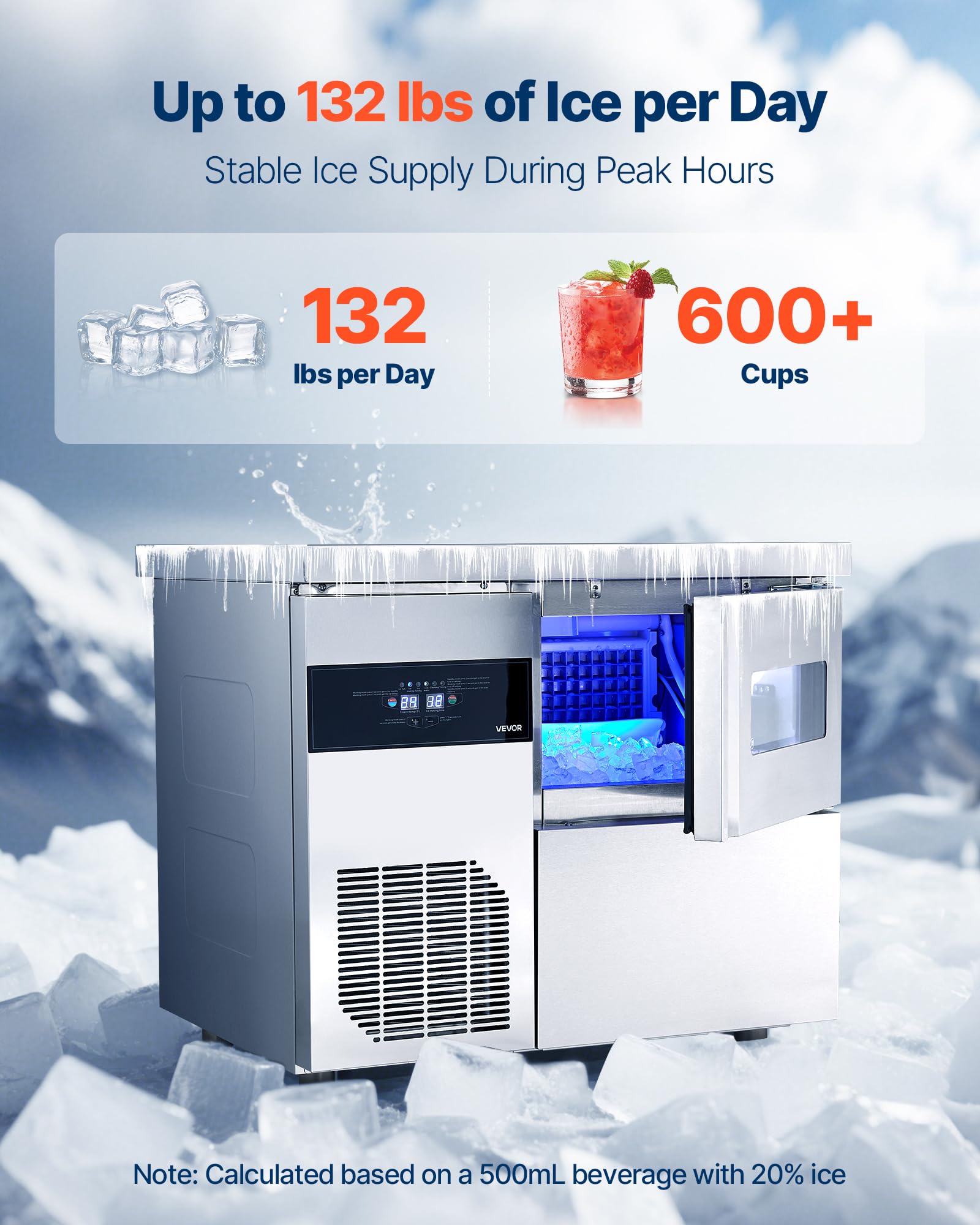 Vevor Commercial Ice Maker Machine, 132 Lbs/24H Stainless Steel Ice Machine With Worktop, 30 Lbs Storage & 70 Cubes/Cycle, Self-