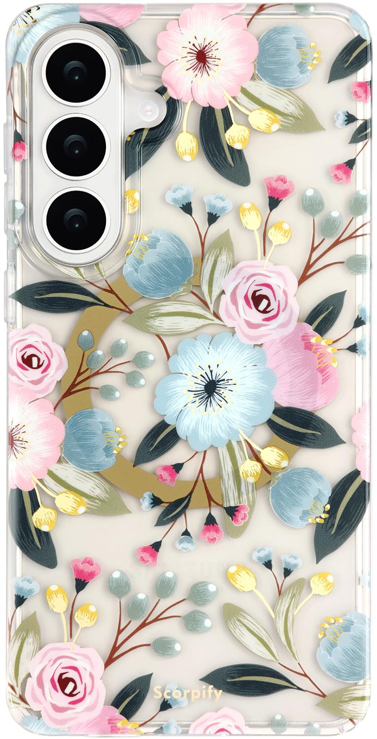 SCORPIFY Compatible with Samsung Galaxy S26 Case [Compatible with MagSafe] for Hibiscus Floral Design, Cute Magnetic Clear Flowe