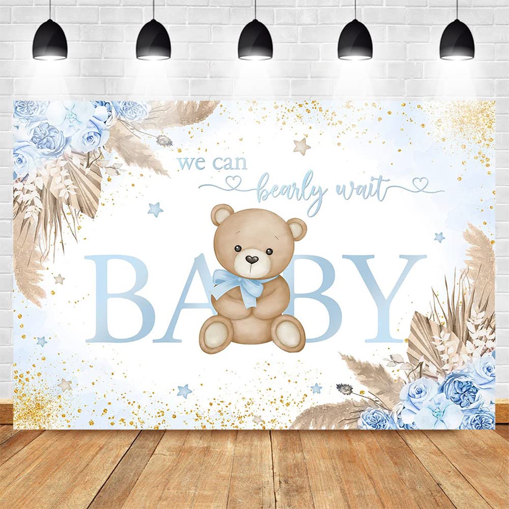 Mocsicka Boy Bear Backdrop Blue Boho Pampas Grass Background We Can Bearly Wait Baby Shower Party Cake Table Decoration Photo Bo