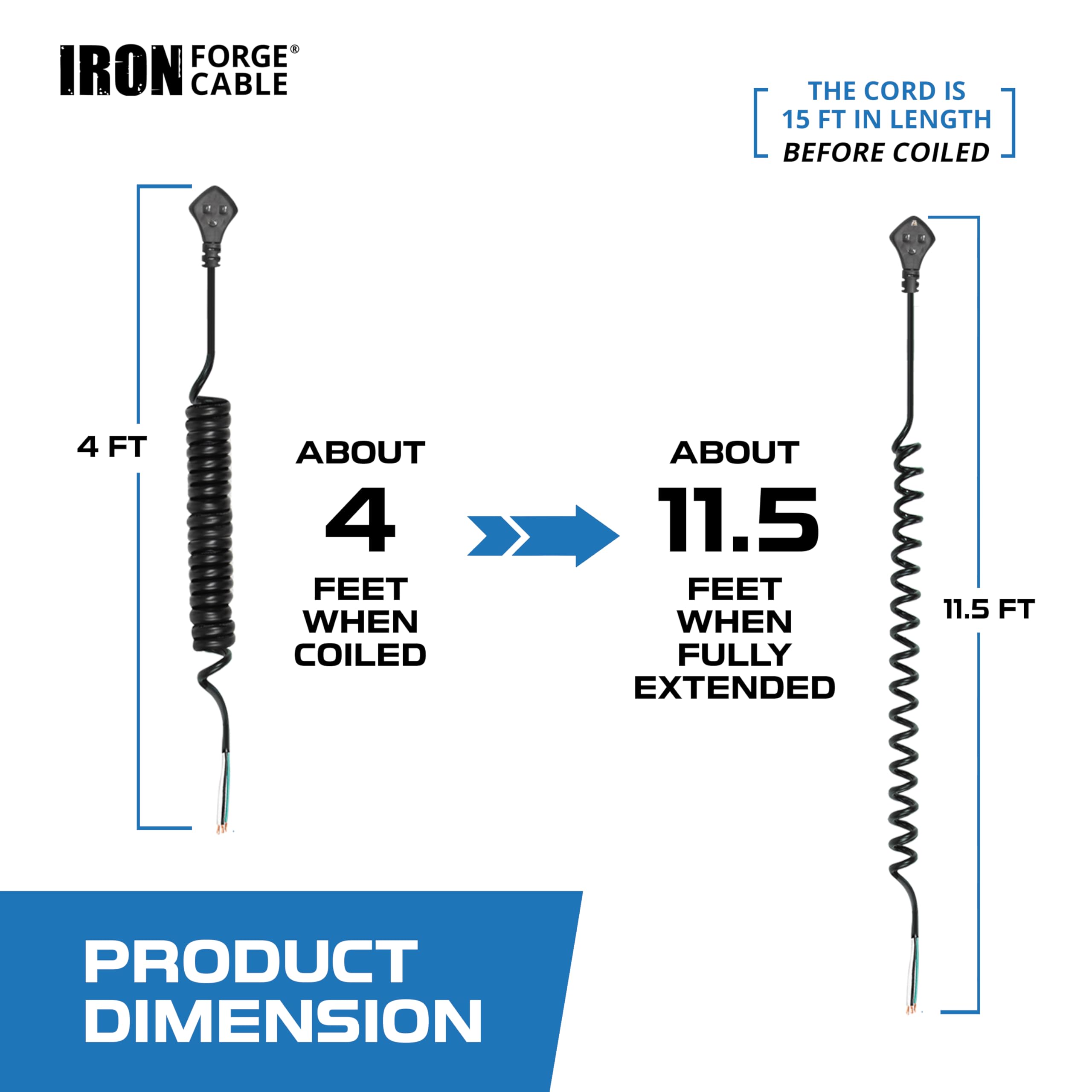 Iron Forge Cable Coiled Replacement Extension Cord 15 Ft   14 Gauge 15 Amp Heavy Duty Power Extension Cords   Sjeow Oil Resistan