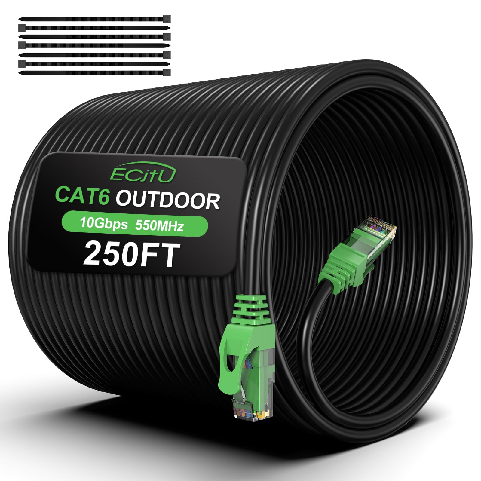 250Ft Cat6 Outdoor Ethernet Cable, In Ground, Heavy Duty Direct Burial, 24Awg Cca Patch Cord For Laptops, Pcs, Routers, Printers, Surveillance Camera, Poe, Utp Cat 6 Internet Cable With 25 Cable Ties