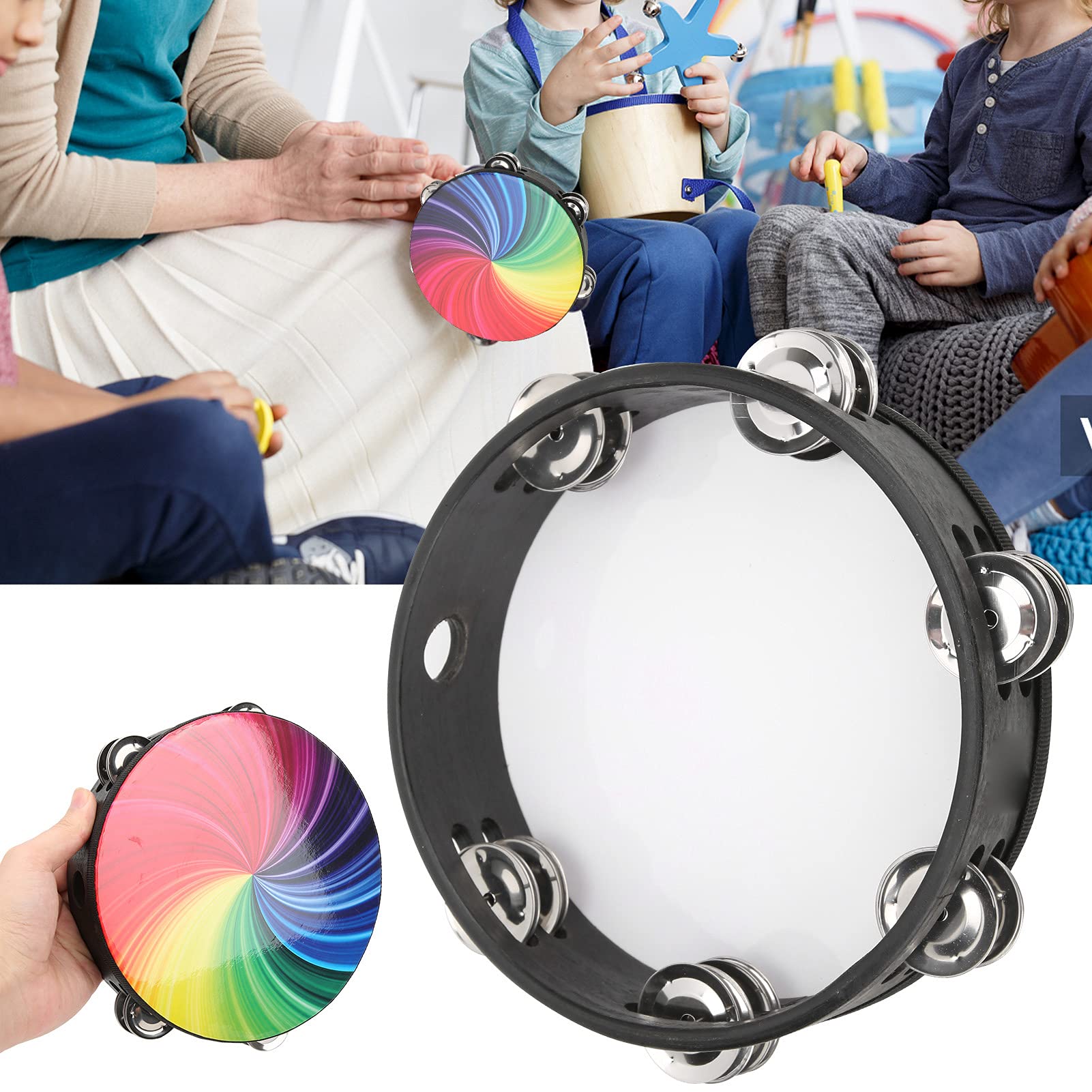 Ubersweet Bell Tambourine, Hand Drum Colorful Crisp Sound Percussion Instrument Handheld Fine Polishing for Children for Rhythm 