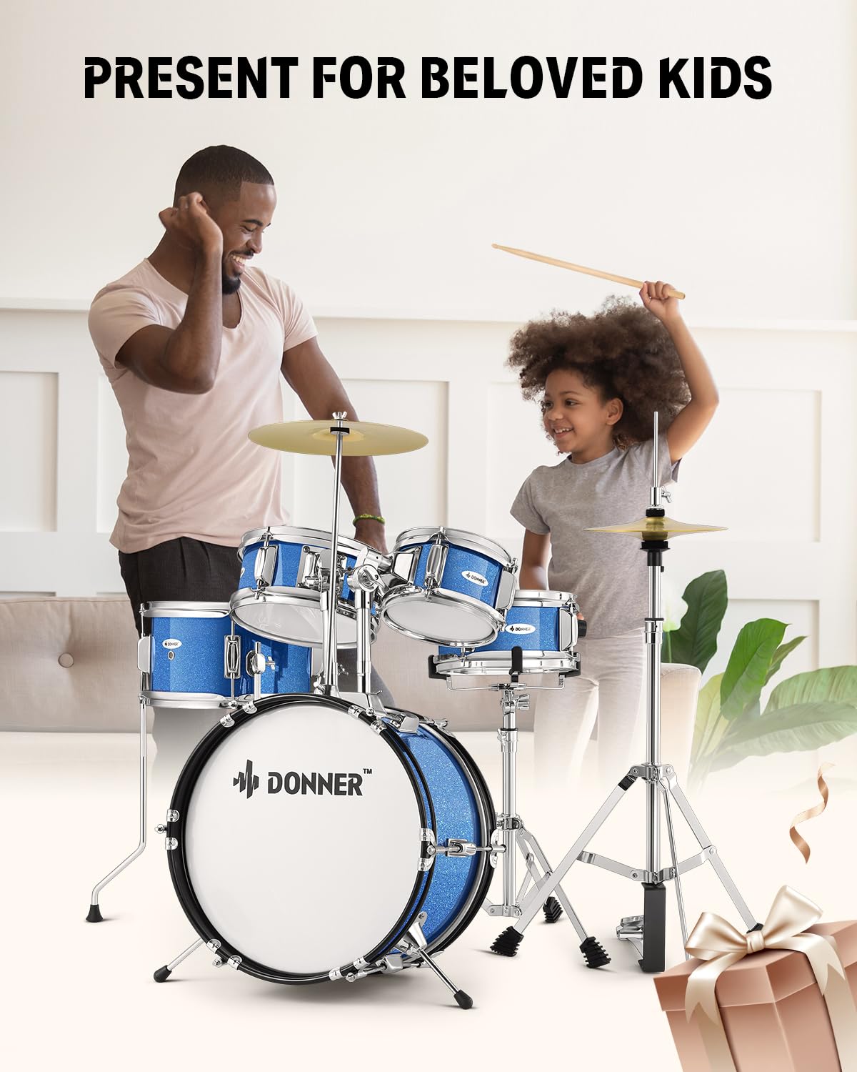 Kids Drum Sets Donner 5 Piece For Beginners,14 Inch Junior Drum Kit, With Adjustable Throne, Cymbal, Hi Hat, Pedal & Drumstick,