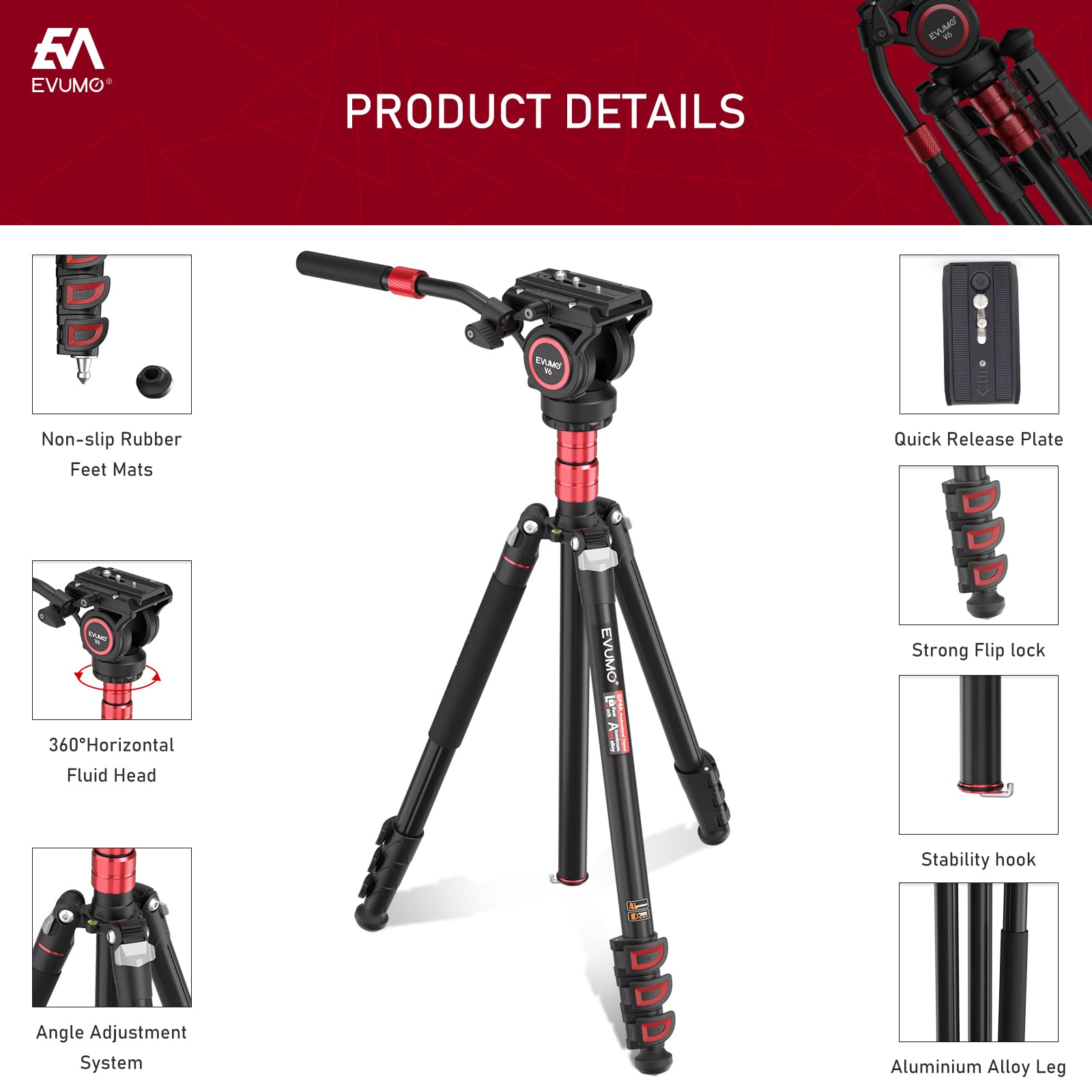 Evumo Gf4 Fluid Head Tripod With Phone Mount, 78'' Professional Aluminum Heavy Duty Camera Tripod Monopod, Compact Portable Trav
