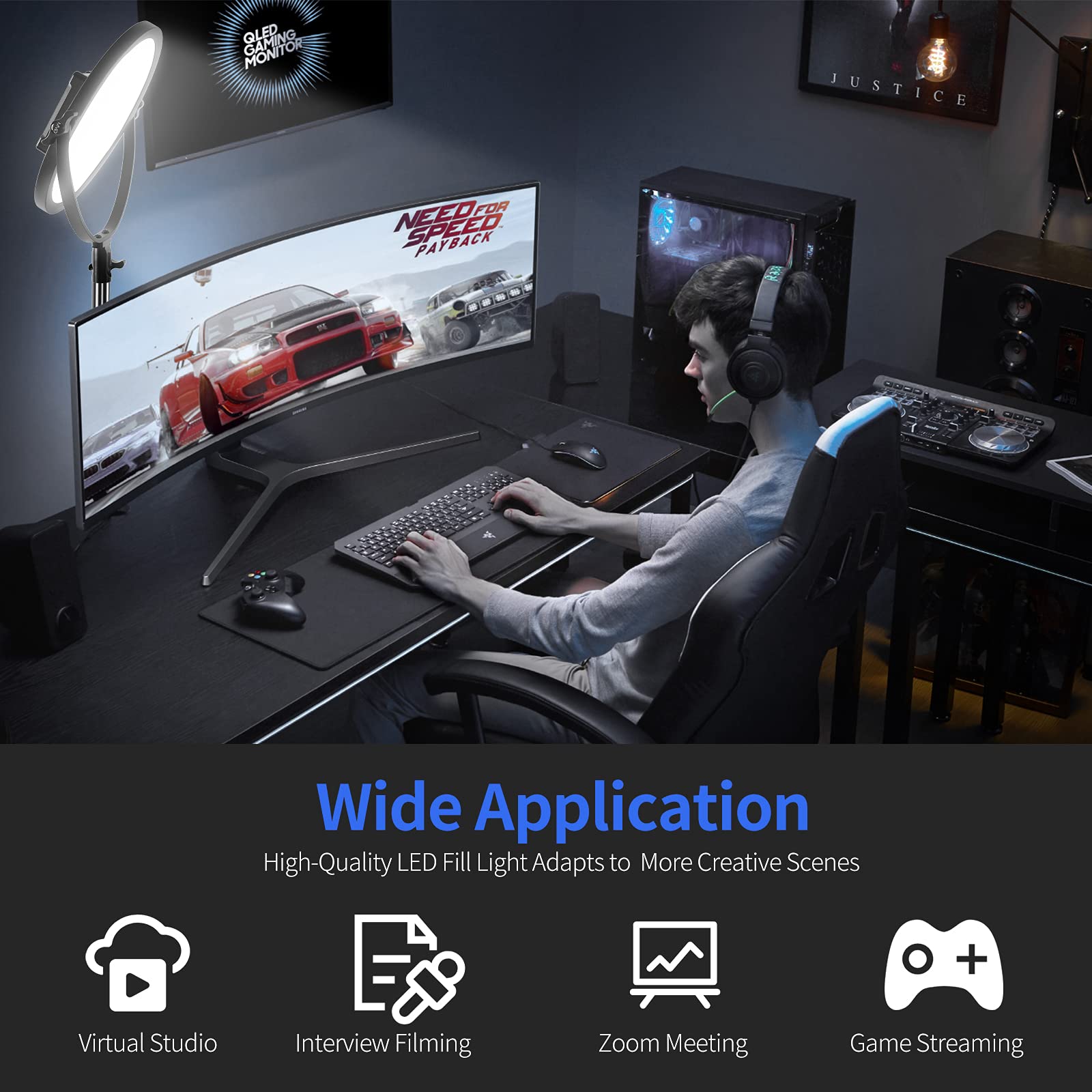 Gvm Desk Mount Led Video Light, 10'' Round Key Light With Built In Diffuser And Lcd Display, Bi Color Professional Light For Gam