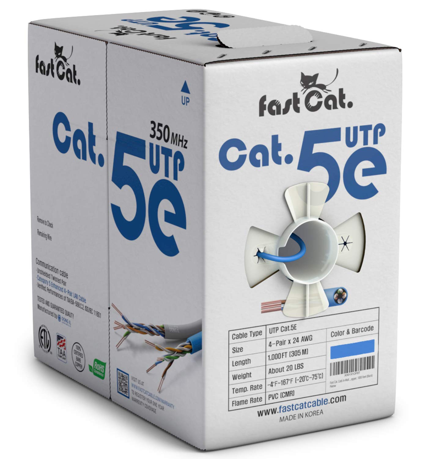 Fast Cat. Cat5E Ethernet Cable 1000Ft   24 Awg, Cmr, Insulated Bare Copper Wire Cat 5 Ethernet Cable With Fastreel   350Mhz / Gigabit Speed Utp Cable Cat5E   Cmr (Blue)