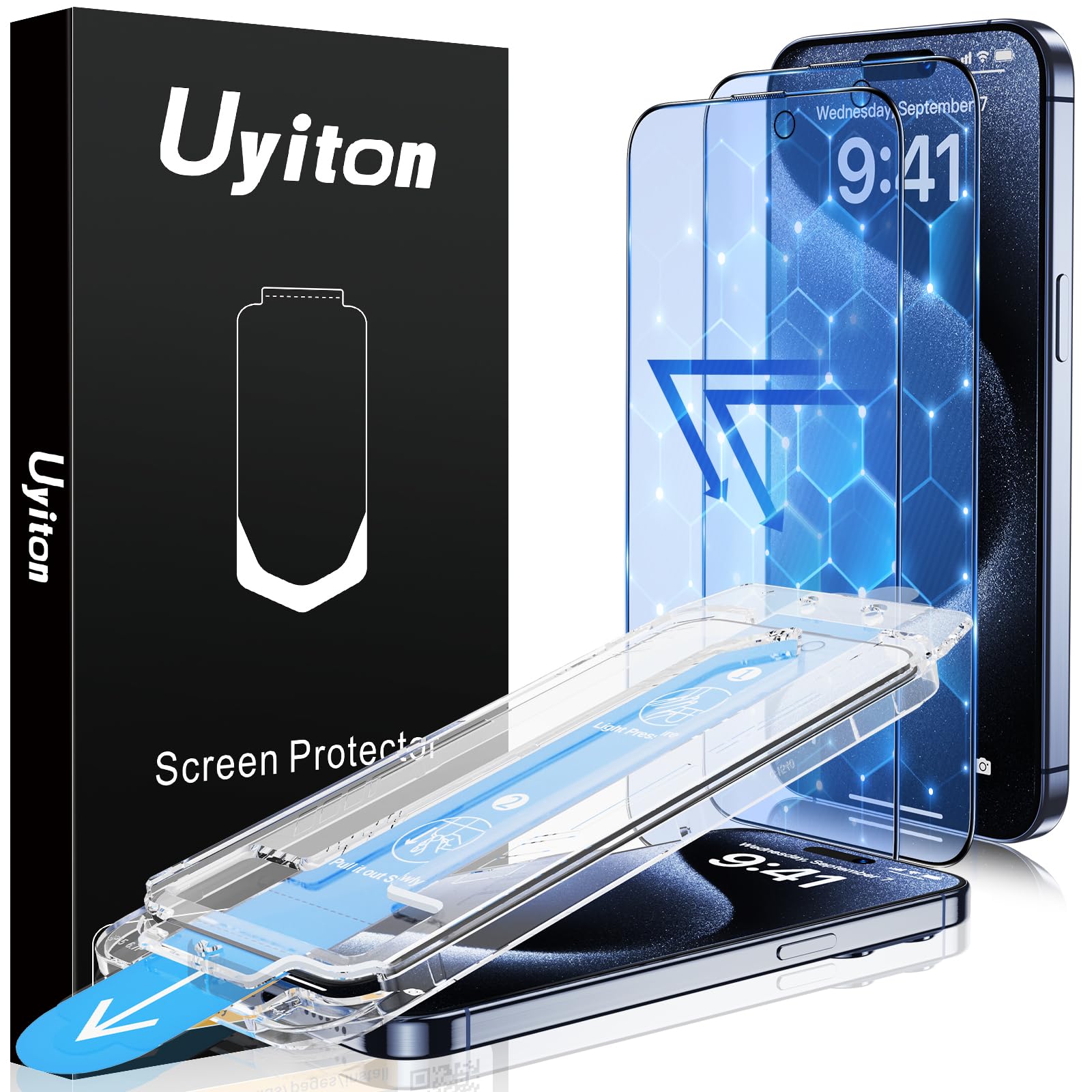 Uyiton Anti-Blue Light for iPhone 15 Pro Max Screen Protector - Unbreak-Glass Full Coverage Case Friendly Scratch Resistance 9H 