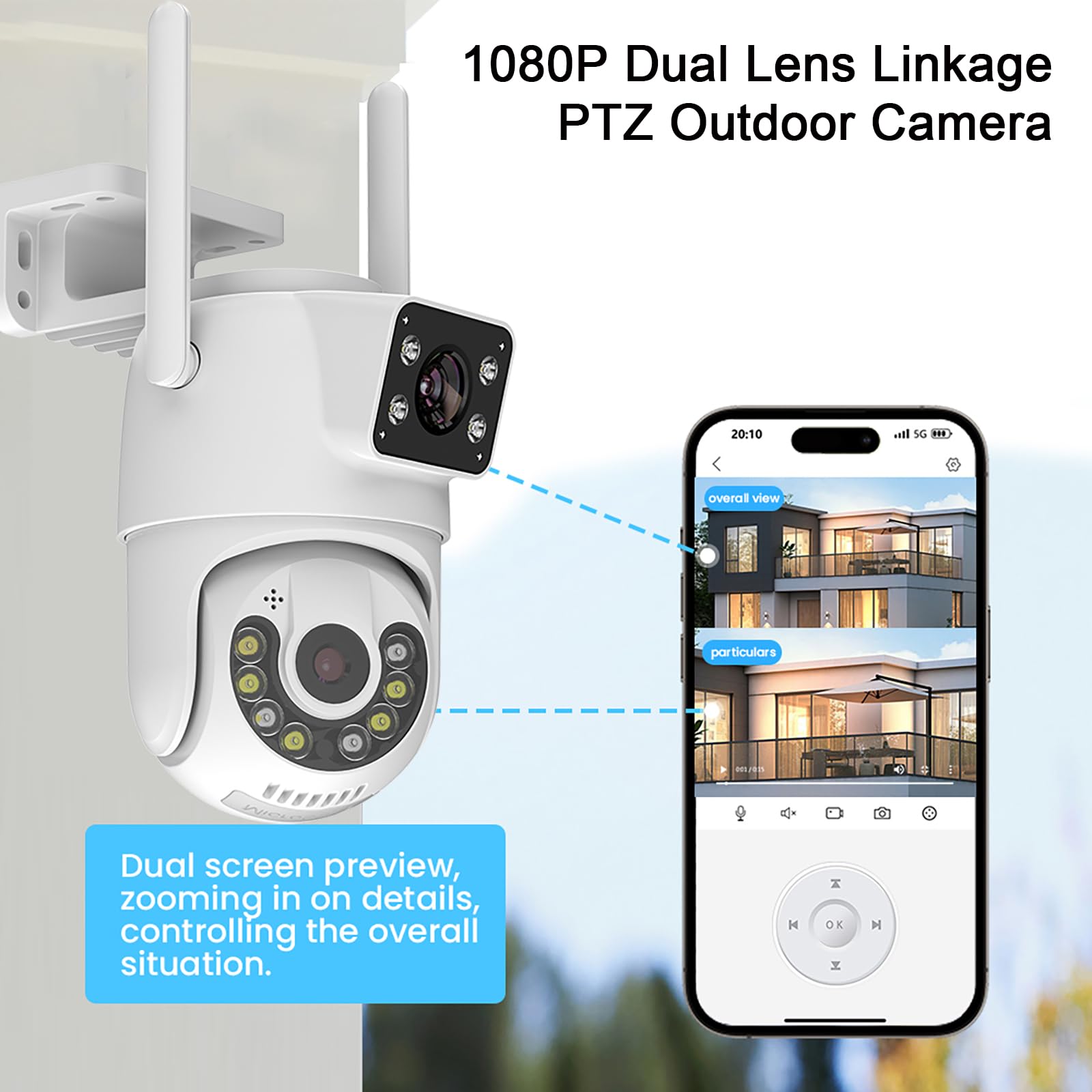 1080P Ptz Outdoor Security Camera, Dual Lens Linkage Wireless Wifi Cameras For Home Security, 360 View Auto Tracking Surveillanc