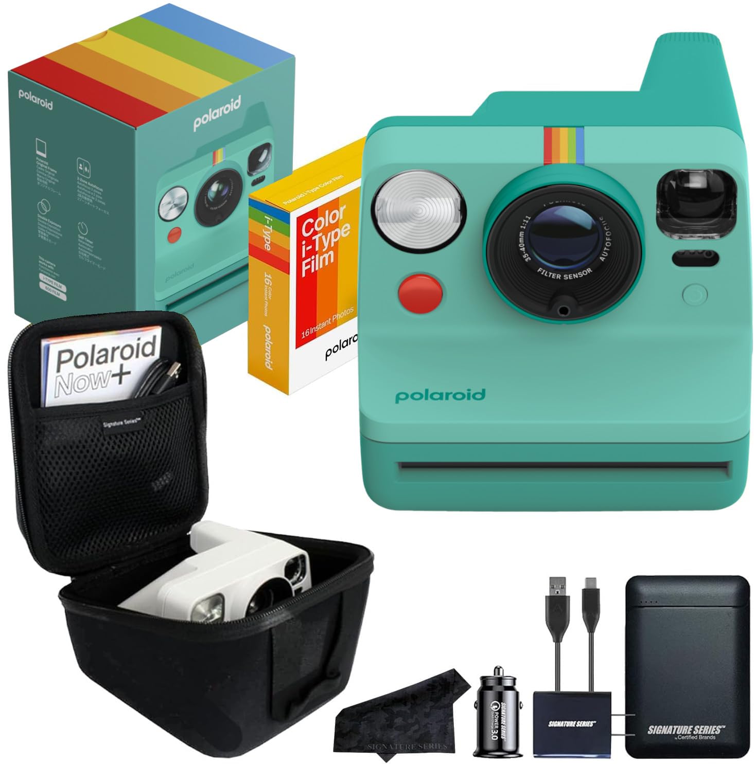 Polaroid Originals Now I-Type Instant Camera with 16 Color Film Photos and Signature Series Case (Gen 3 + Power Bundle, Teal)