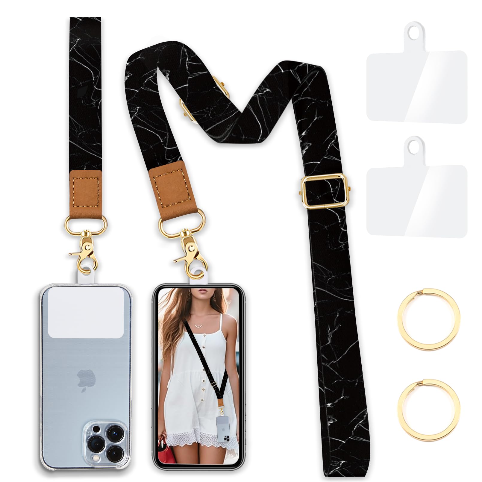 Phone Lanyard Crossbody Wrist Strap, Black Marble Adjustable Cell Phone Lanyard Wristlet Phone Strap With 2 Phone Tether Tabs, N