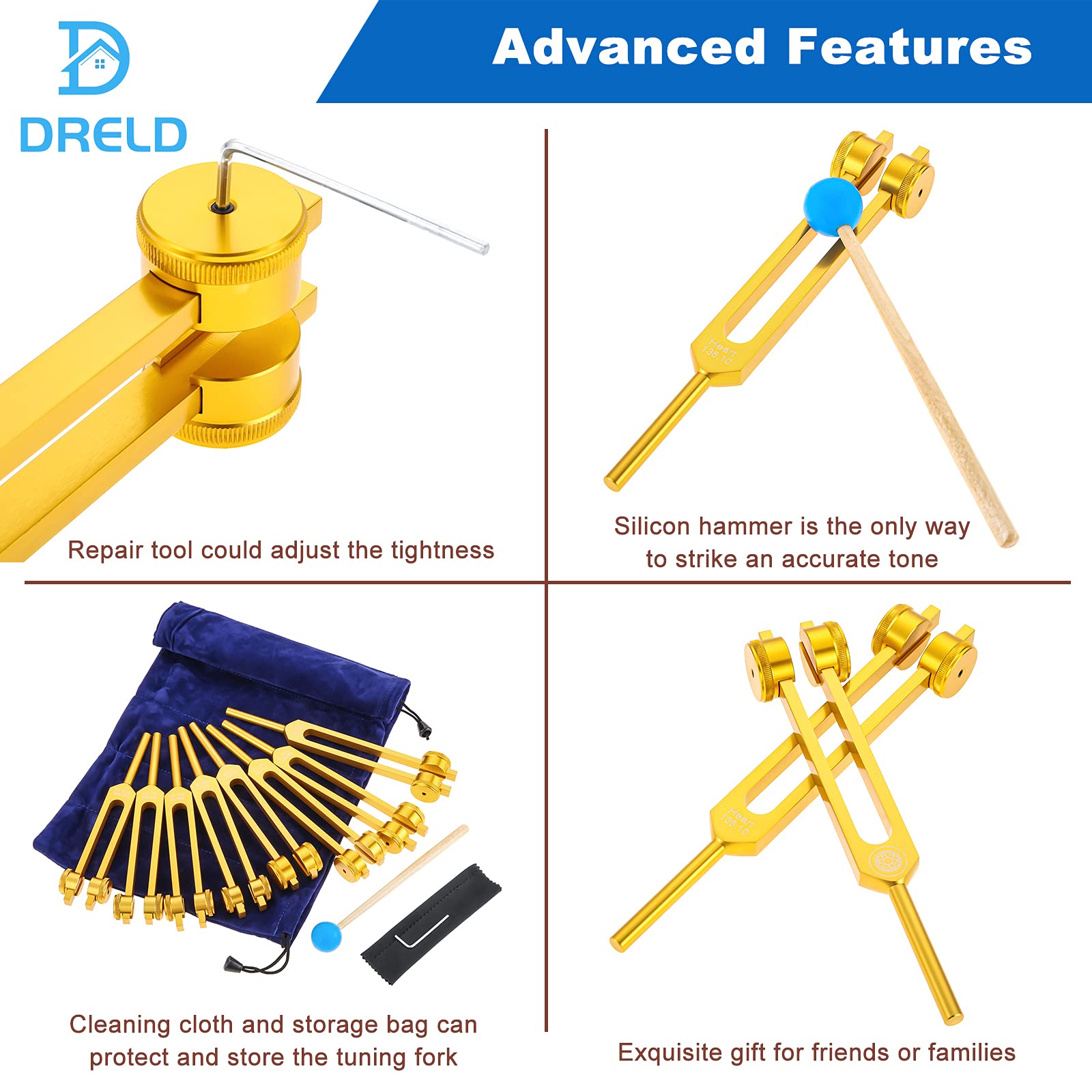 Chakra Tuning Forks Set, 7 Chakra+1 Soul Purpose Weighted Tuning Forks With Hammer, Bag, Cleaning Cloth (126.22 Hz, 136.1 Hz, 14