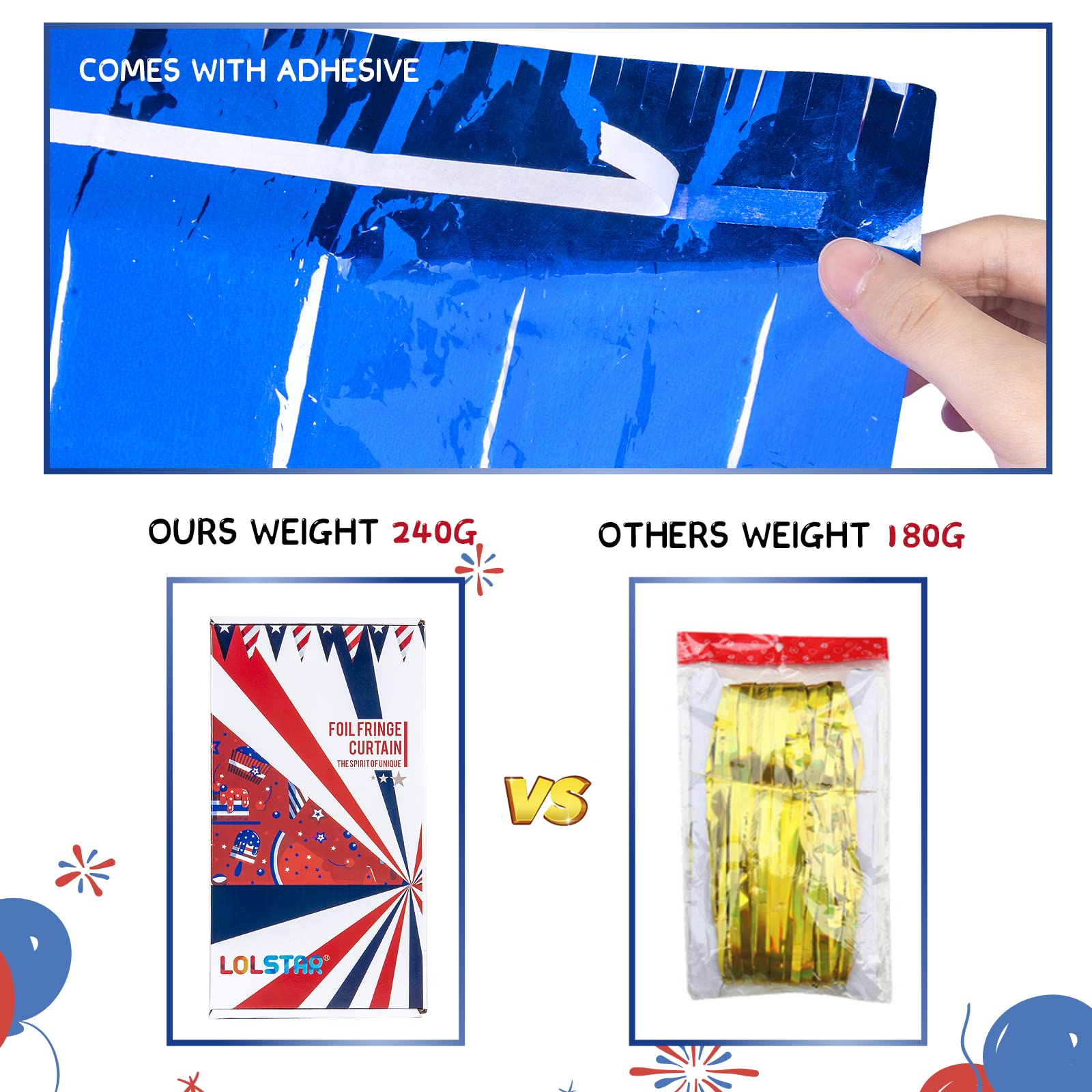 Lolstar 4Th Of July Decorations,Red White And Blue 3 Pack Tinsel Foil Fringe Curtains,4Th Of July Photo Booth Prop Streamer Back