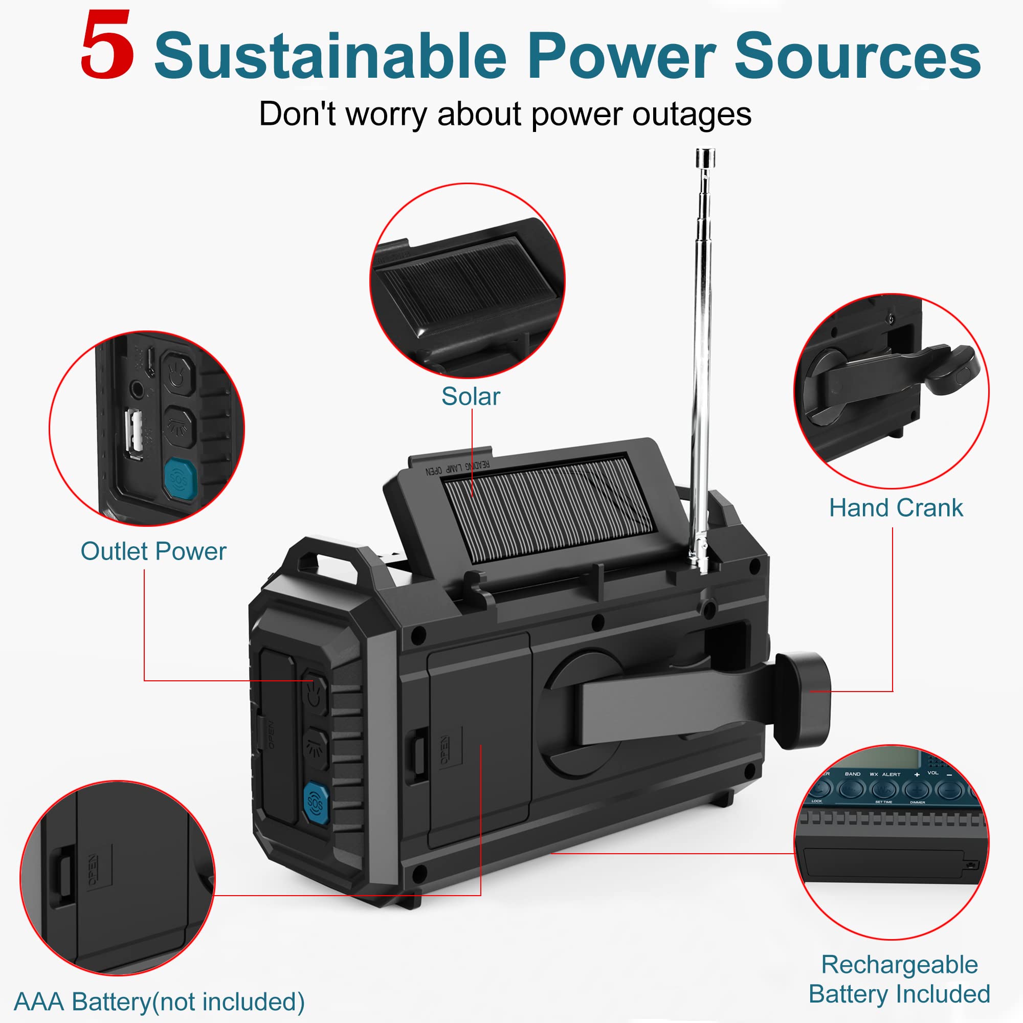 Auto Noaa Alert Digital Weather Radio 5000 Solar Hand Crank Am Fm Shortwave Portable Battery Operated Emergency Survival Radio W