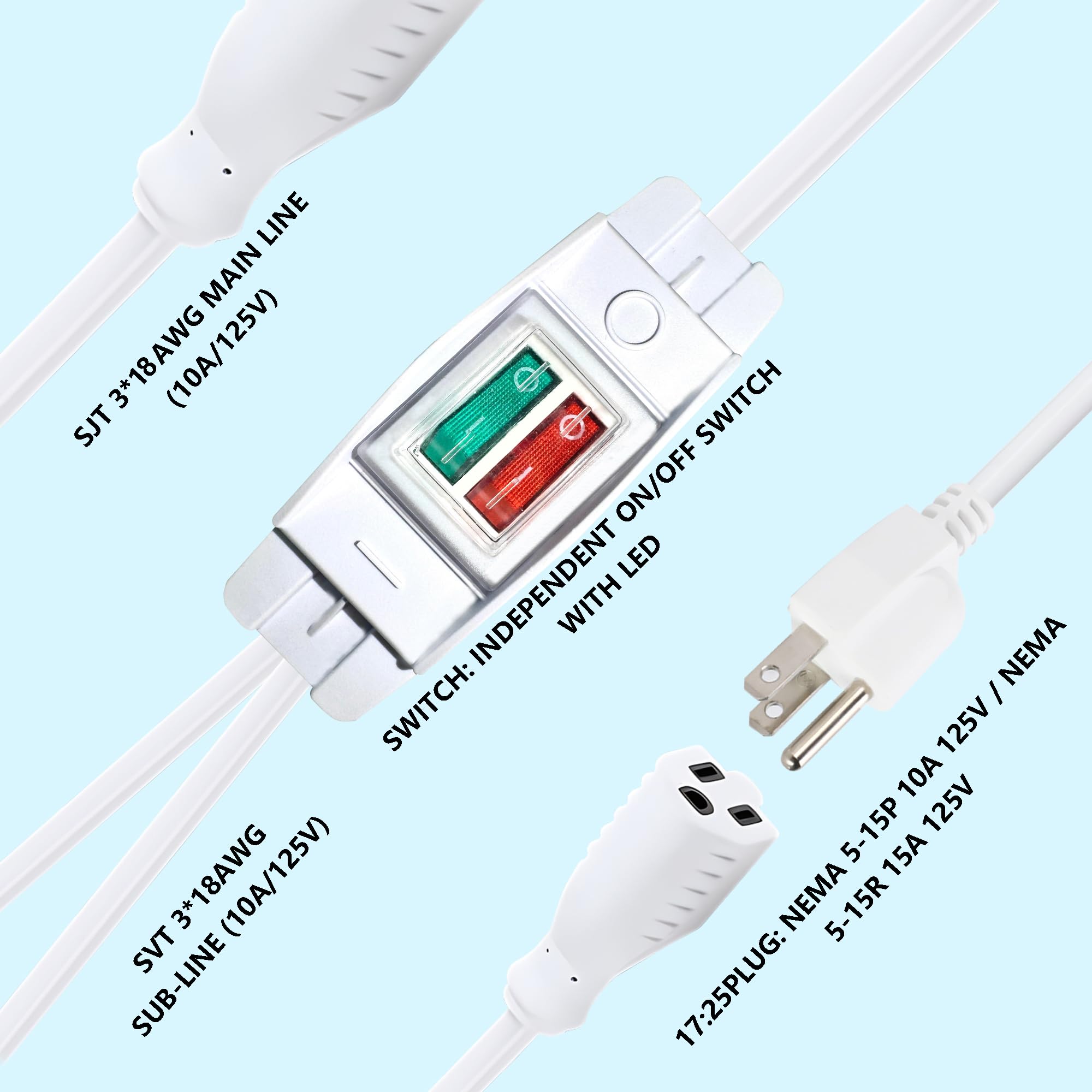2 Way Extension Cord With On/Off Led Switch, Fiabtool 3 Prong Extension Cord Splitter, Heavy Duty Plug Splitter, Sjtw 18Awg 10A/