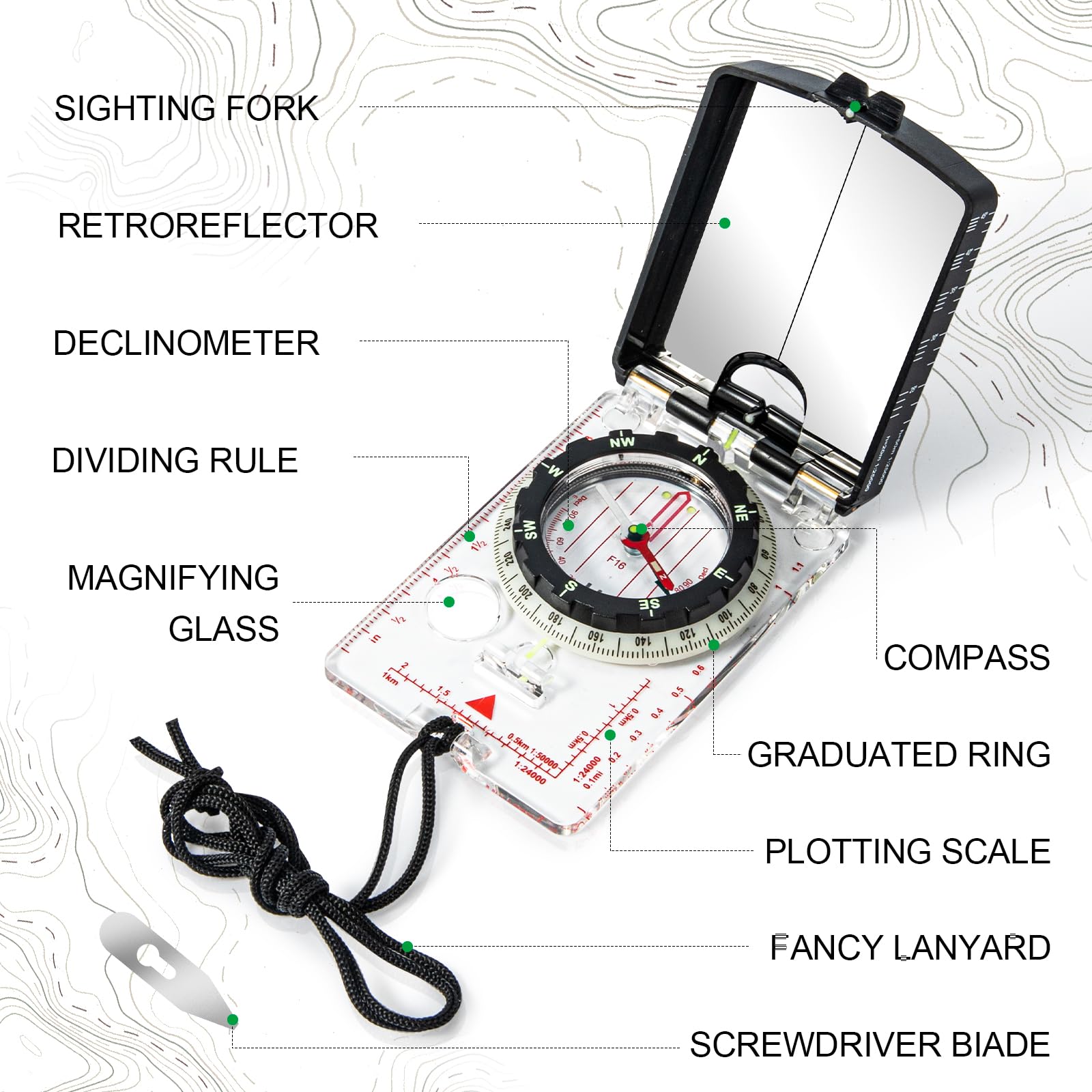 Nihtdoy High-Precision Compass With Mirror For Hiking, Camping, Adjustable Declination, Portable Orienteering Compass With Map S
