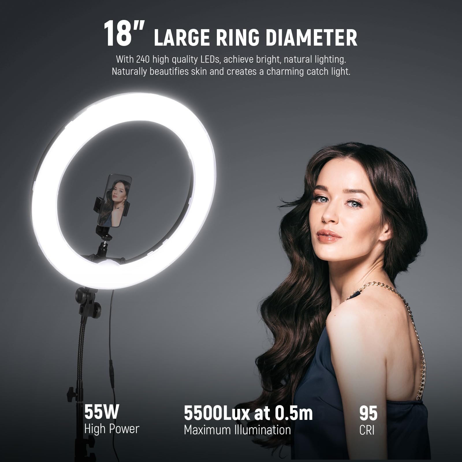 Neewer Ring Light 18Inch Kit: 55W 5600K Professional Led With Stand And Phone Holder, Soft Tube & Bag For Tattoo Lash Extension