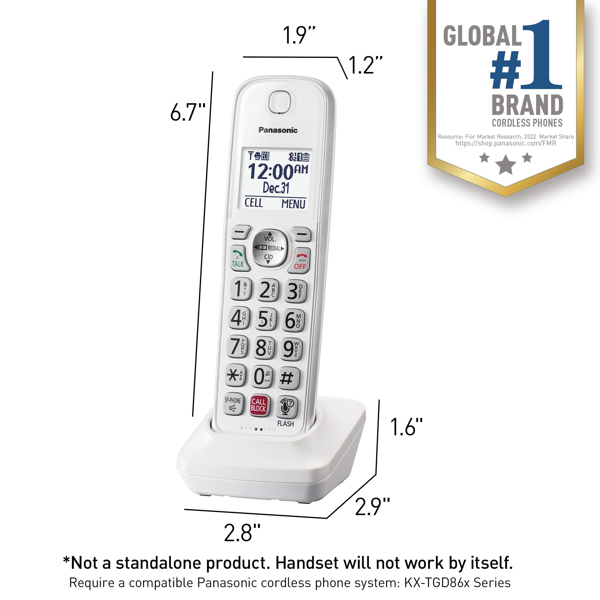 Panasonic Additional Cordless Phone Handset For Use With Kx Tgd86X Series Cordless Phone Systems   Kx Tgda86W (White)