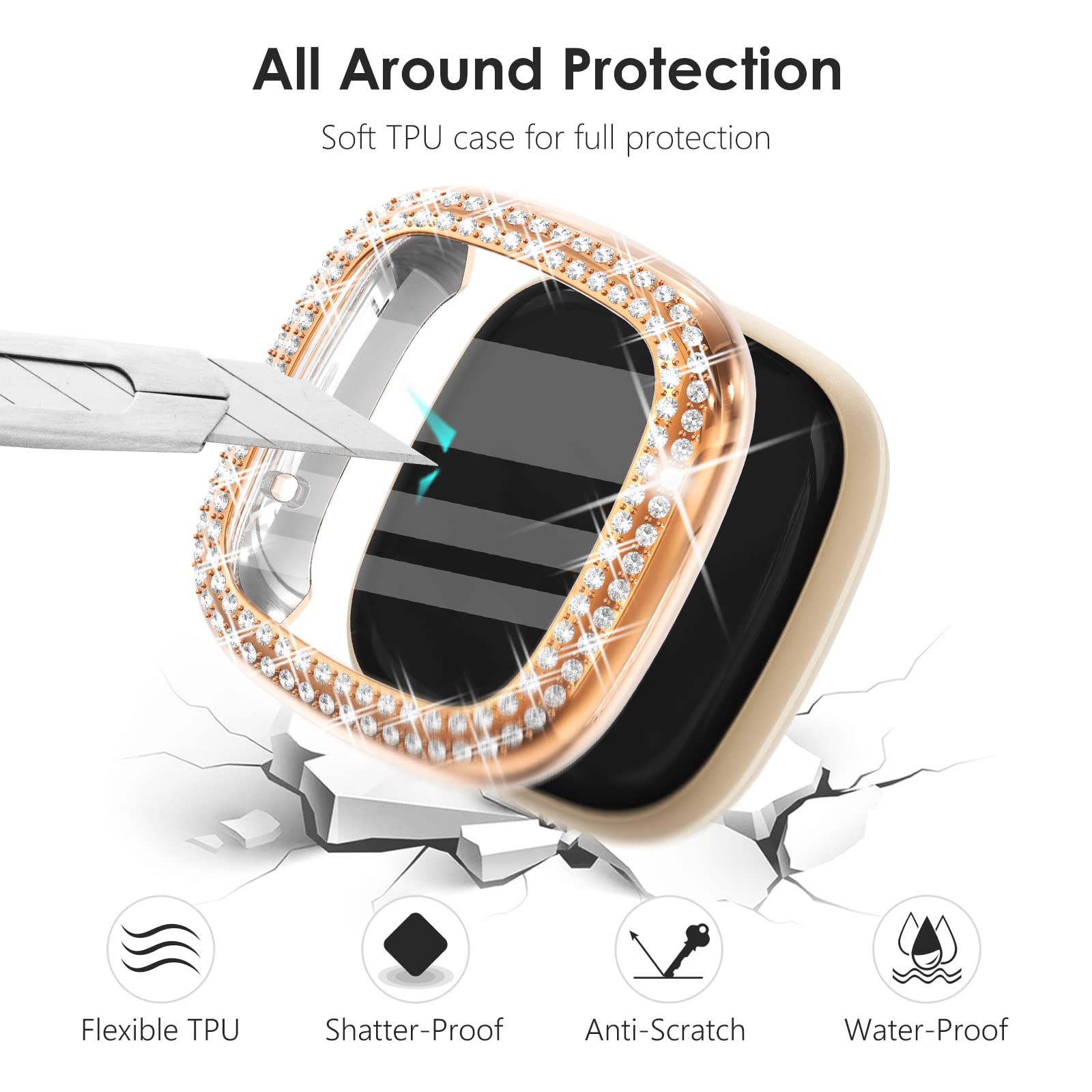 Fullife 3-Pack Tpu Bumper For Fitbit Versa 4 Screen Protector, Crystal Diamond Bling Case Hd Full Protective Cover For Men Women