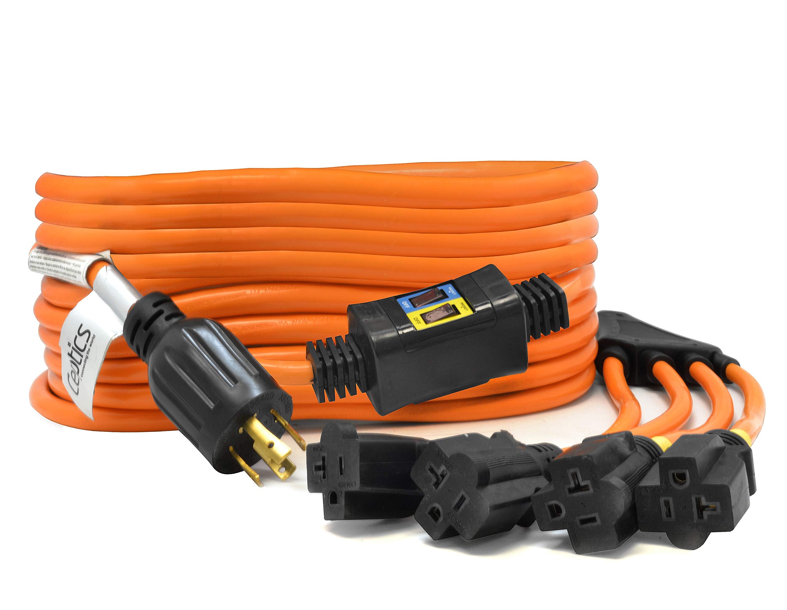 Ceptics Gn-Cd-1-50 Gn-Cd-2-50 L14-30P To Nema 5-15/20R Generator Distribution Power Cord (50', Switch Breaker) -Industrial Grade