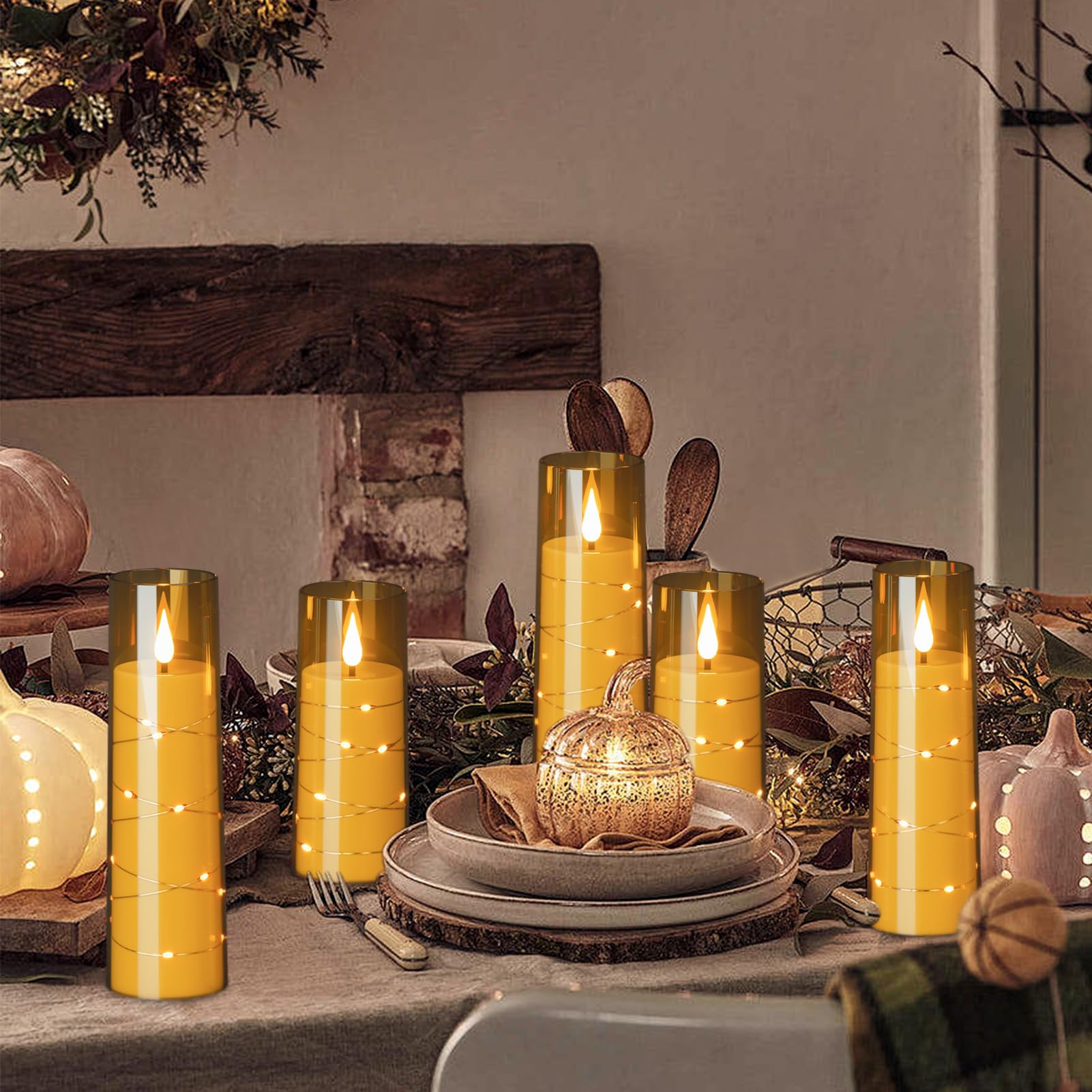 Genswin Flickering Flameless Candles With 3 Remote Timer, 9 Pack Battery Operated Candles With Embedded Star String, Gold Led Ba