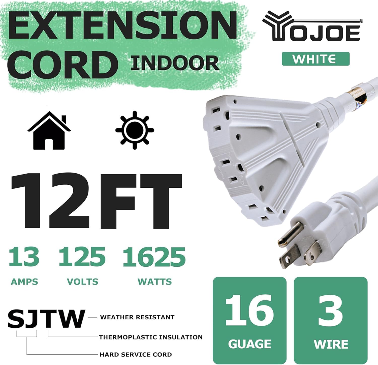 Yojoe 3 Outlets Indoor Outdoor Extension Cord, 3 Prong 13A Weatherproof Power Cord Multiple Outlets, 16 Gauge Heavy Duty 12 Ft W