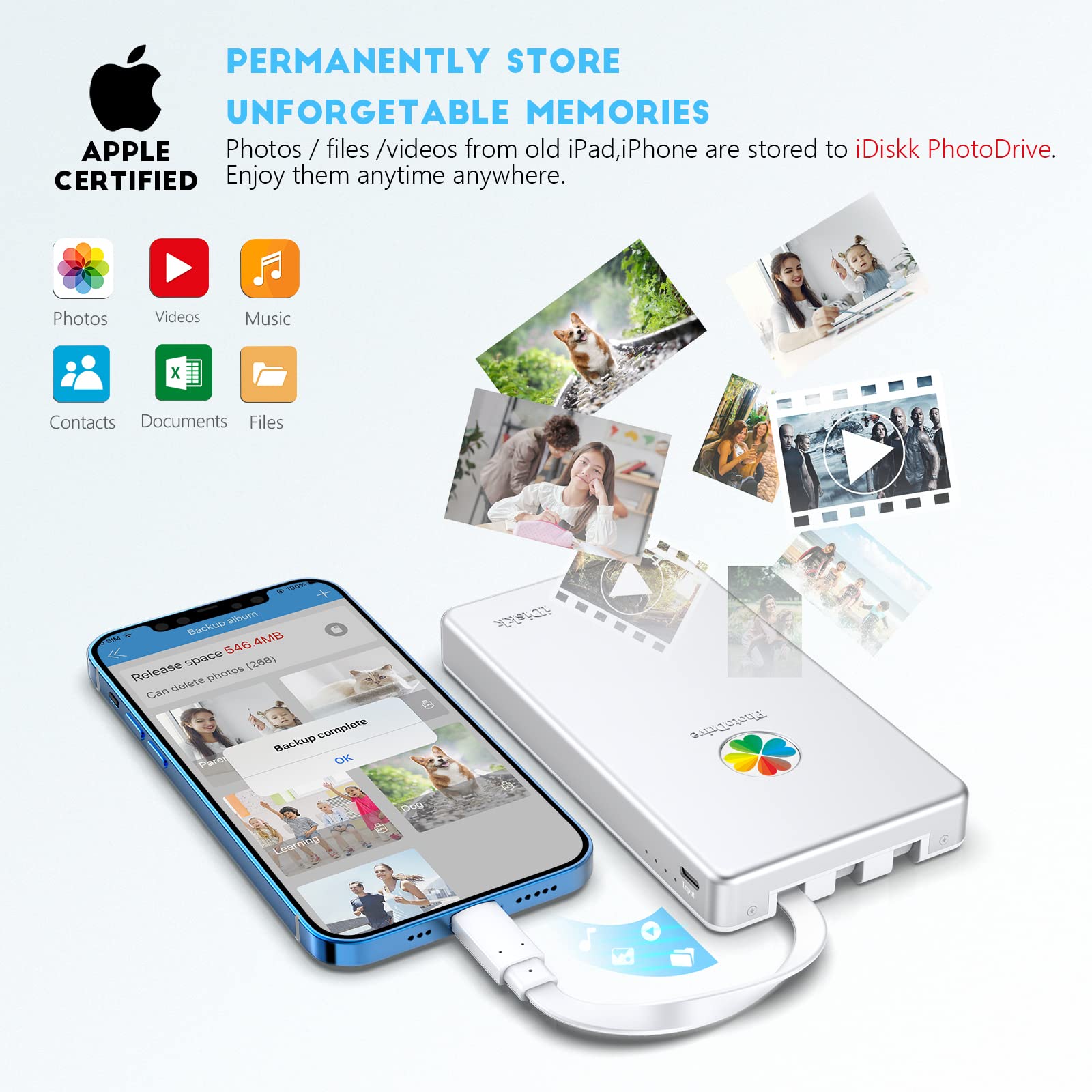 Idiskk 2Tb App Le Certified External Hard Drive For Iphone 16,15 & Ipad Android Mobile 2Tb Photo Stick,Macbook And Pc, Photo Storage Phone Drive To Bacukp Photos/Videos,Files For Iphone14/13/12/11/X