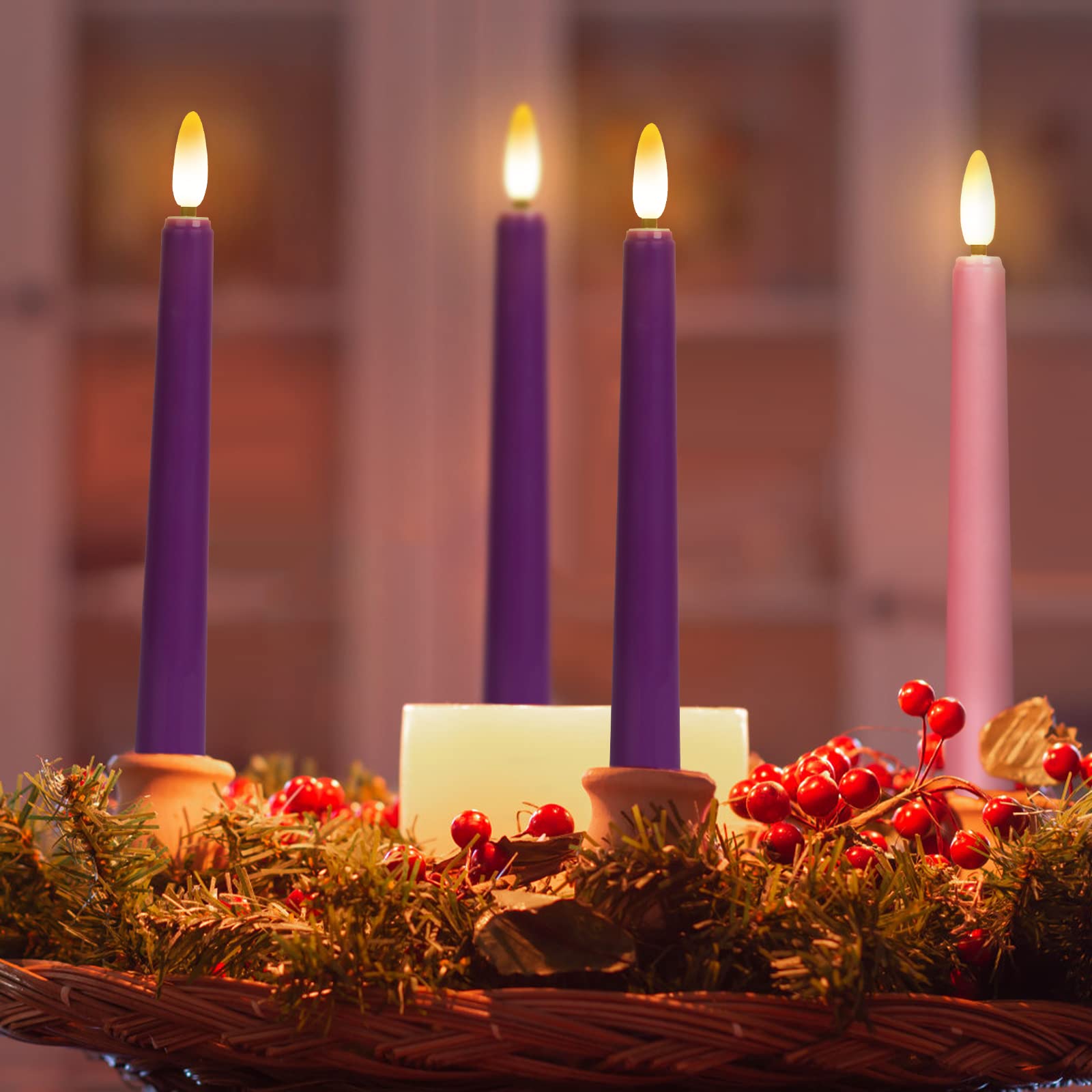 Daord 7.9'' Advent Taper Candles Set Of 4 Christmas Led Flameless Long Candle 3 Purple And 1 Pink For Advent Rituals Festival An