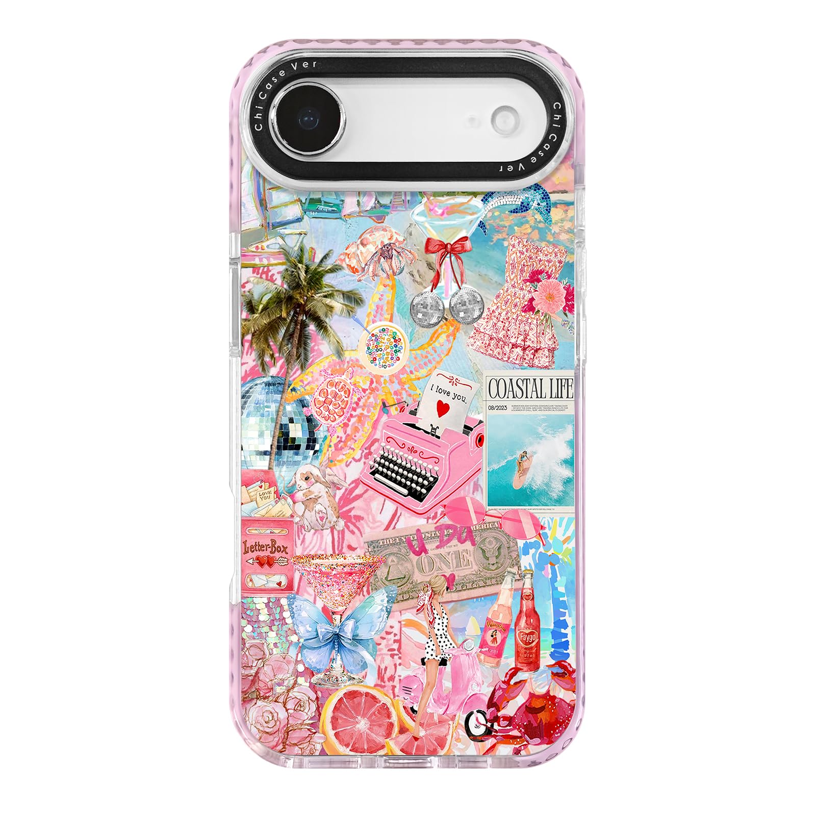 ChiCaseVer for iPhone Air Case, Coastal Life Pattern with Tropical Collage, Military-Grade Drop Protection, Pink Paradise Soft S