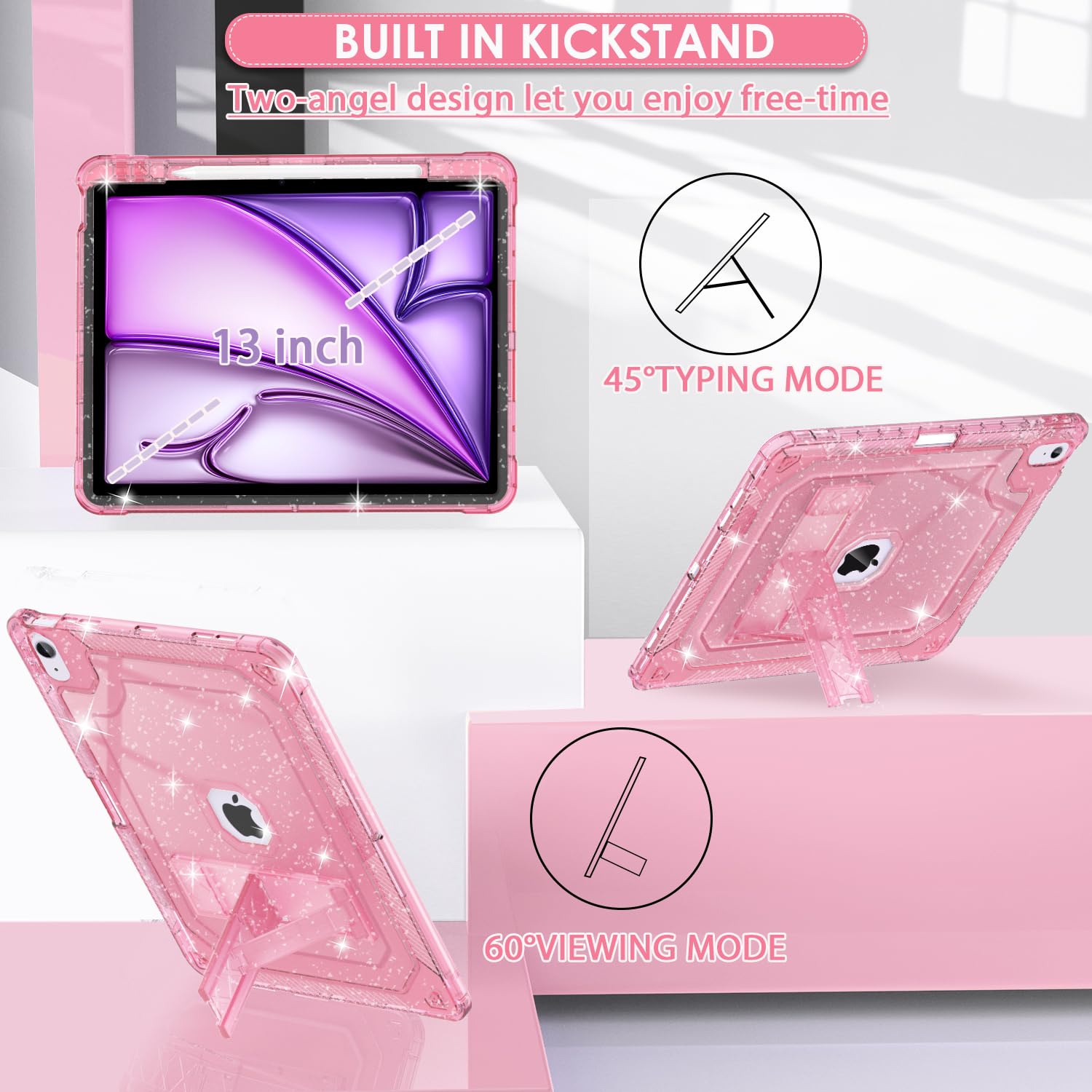 Zonefoker For New Ipad Air 13 Inch Case 2024 M2, 13'' Ipad Air Case 6Th Gen 2024 13 Inch Pink Glitter Slim Cover With Pencil Hol