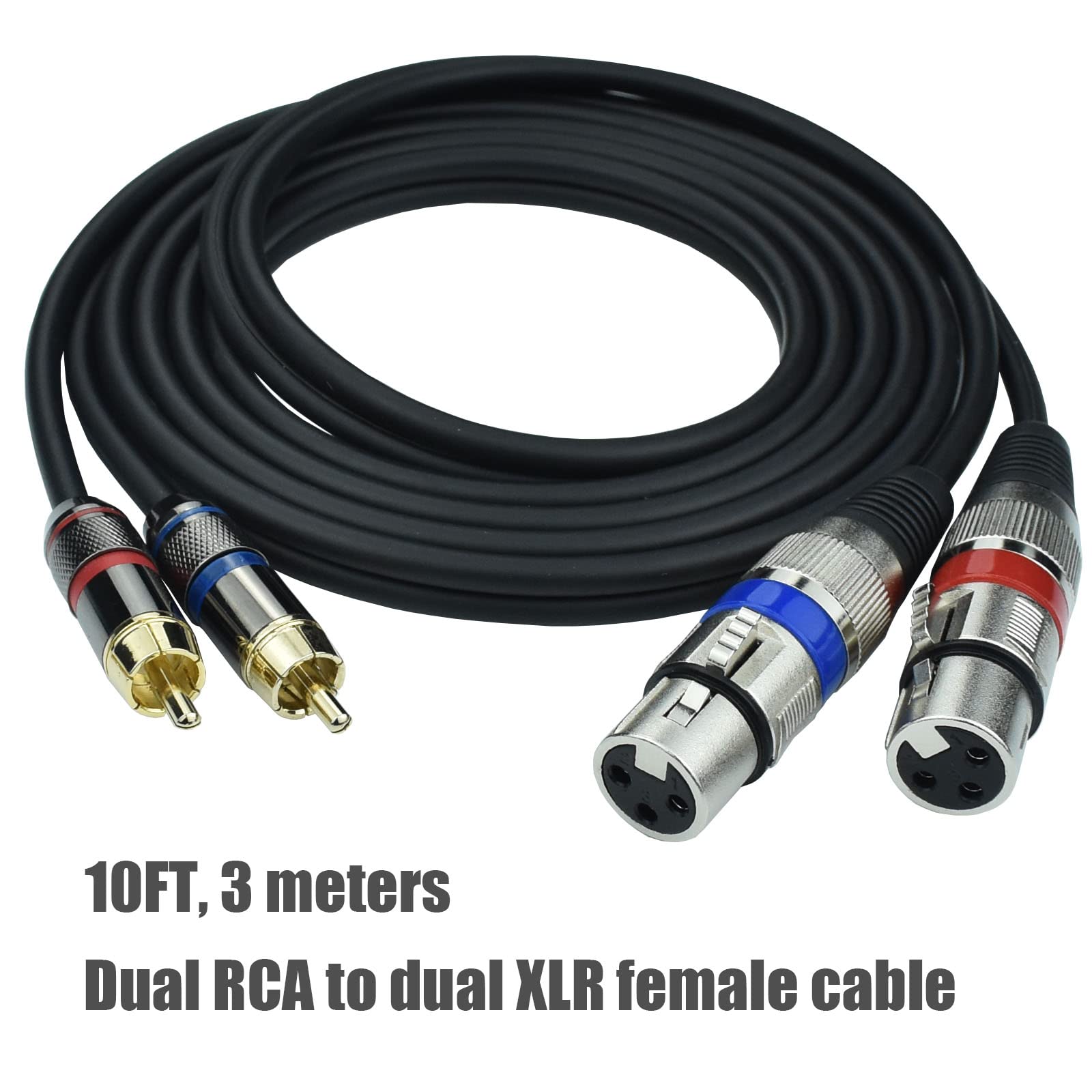 Mugteeve Dual Xlr Female To Dual Rca Male Phono Cable Adapter, 10Feet Balanced 3Pin Xlrf To Unbalanced Rca Speaker Cable, Gold P