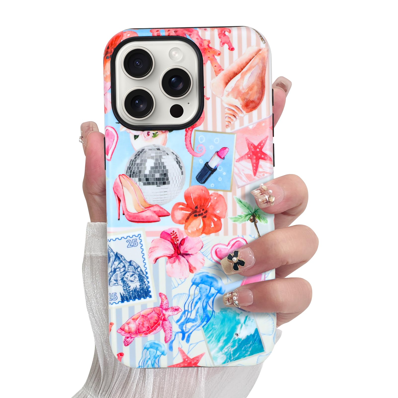 SOKAD Magnetic Summer Collage Phone Case for iPhone 15 Pro Max, Cute Beach Coastal Collage Pattern Compatible with Magsafe Matte