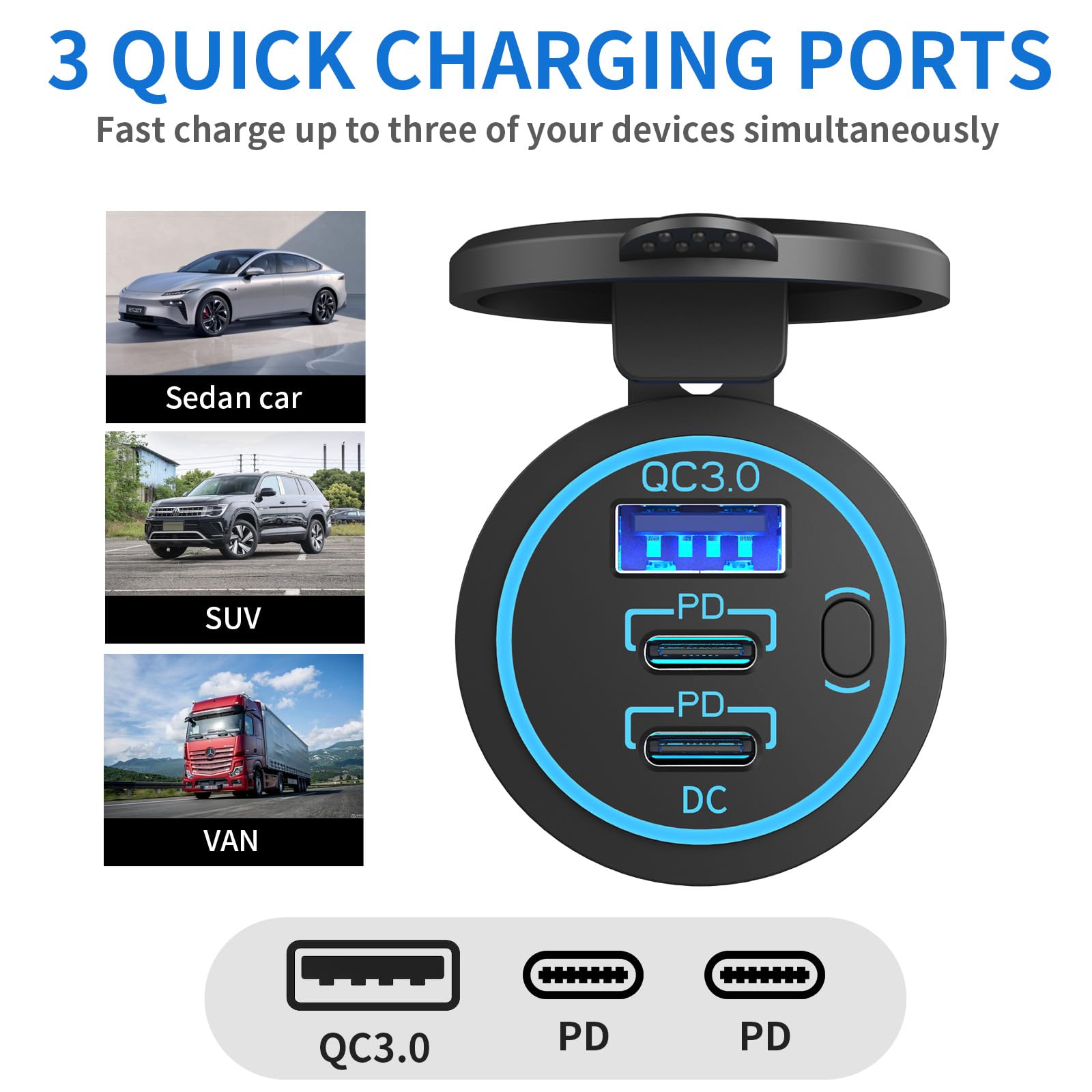 2 Pack Usb C Car Charger Socket 12V Usb Outlet, 78W Dual 30W Pd And 18W Qc3.0 Multi Port Cylinder Charger With Button Switch Wat