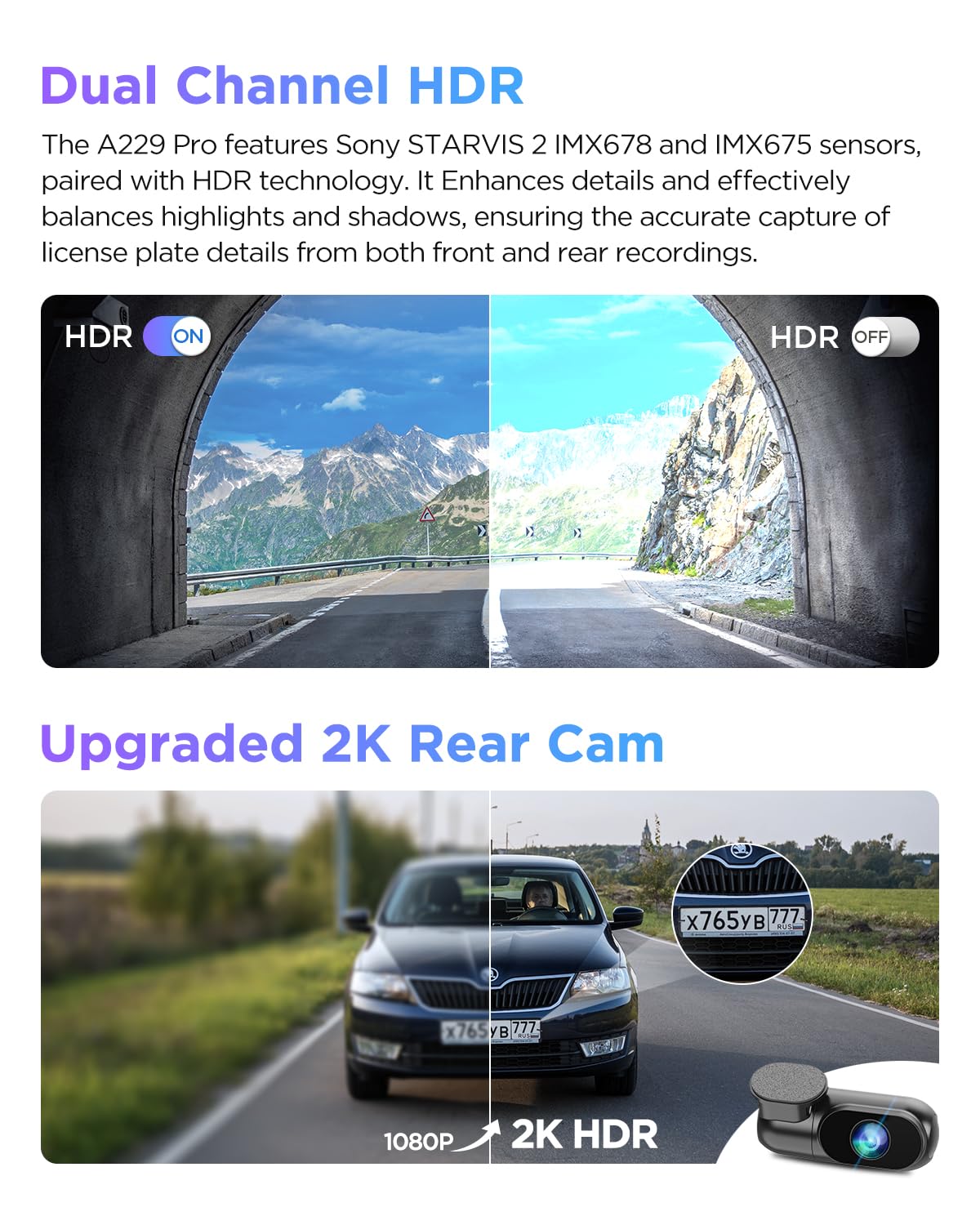 Viofo A229 Pro 4K Hdr Dash Cam, Dual Starvis 2 Imx678 Imx675, 4K+2K Front And Rear Car Camera, 2 Channel With Hdr, Voice Control