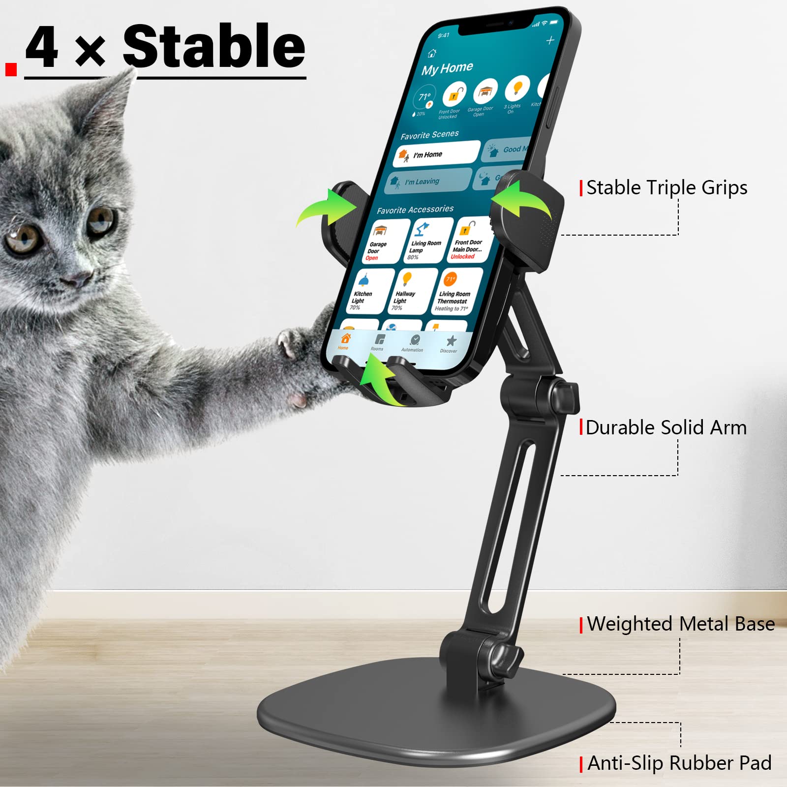 Apps2Car Phone Stand For Desk [No Dropping Stable Triple-Clamp Holder] Adjustable Height 360 Degree Rotation Heavy Base Thick Ca