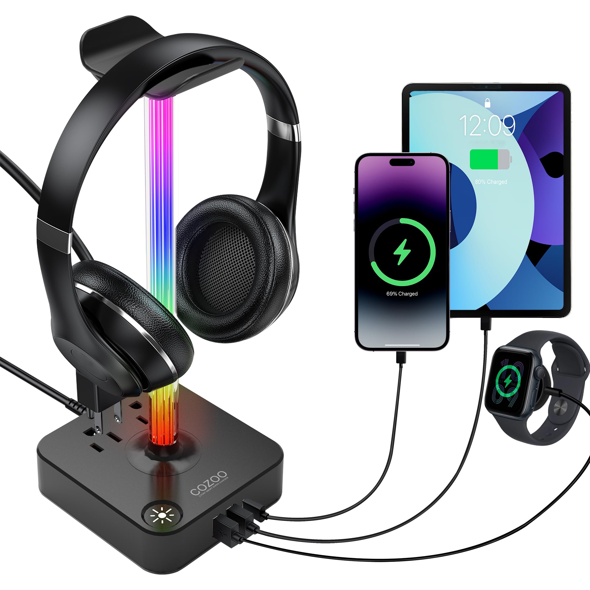 Rgb Headphone Stand With Usb Charger Cozoo Desktop Gaming Headset Holder Hanger With 3 Usb Charger And 2 Outlets   Suitable For