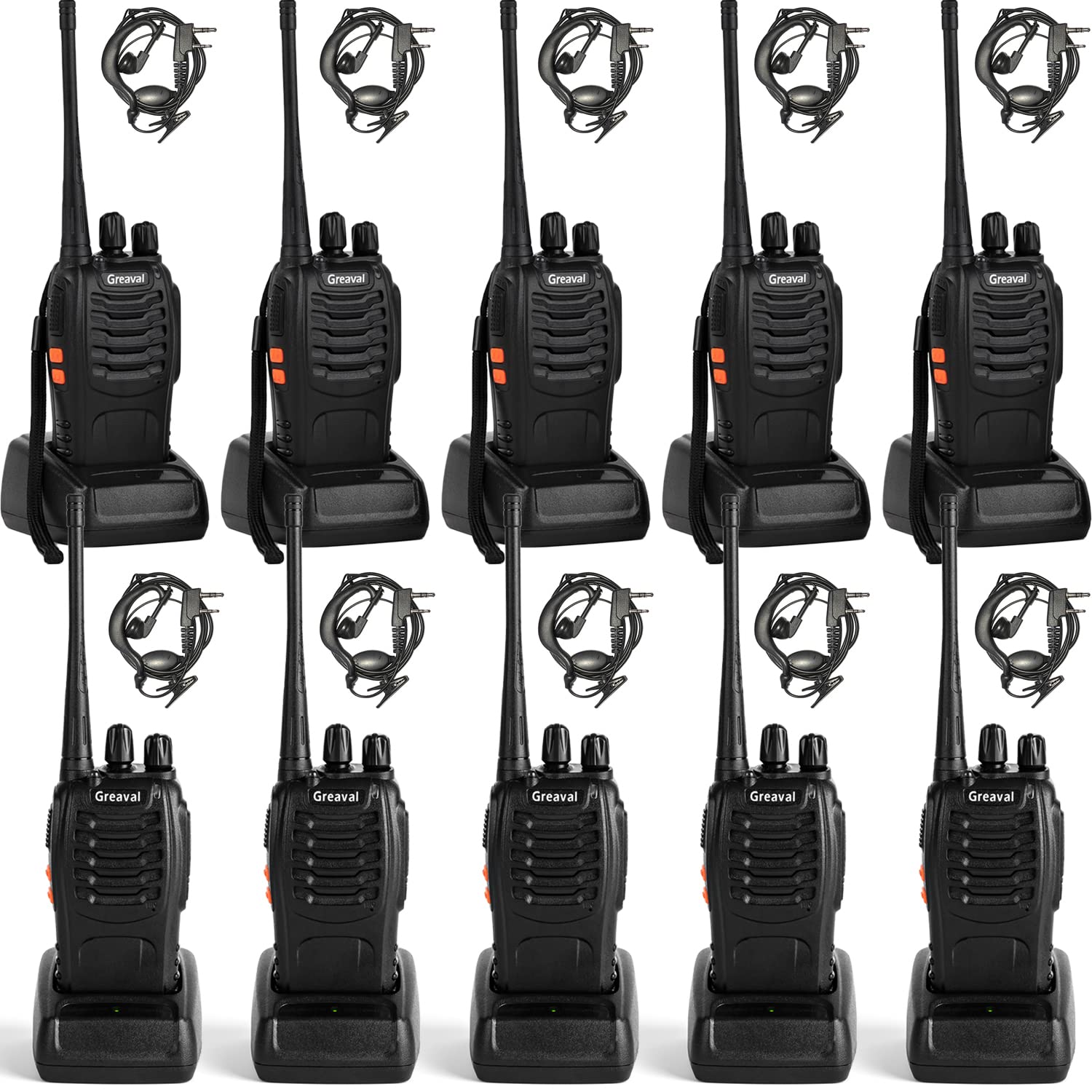 Greaval Walkie Talkies 10 Pack Rechargeable Two Way Radios With Earpiece 16 Channel Uhf Radio For Adults, Li Ion Battery And Cha