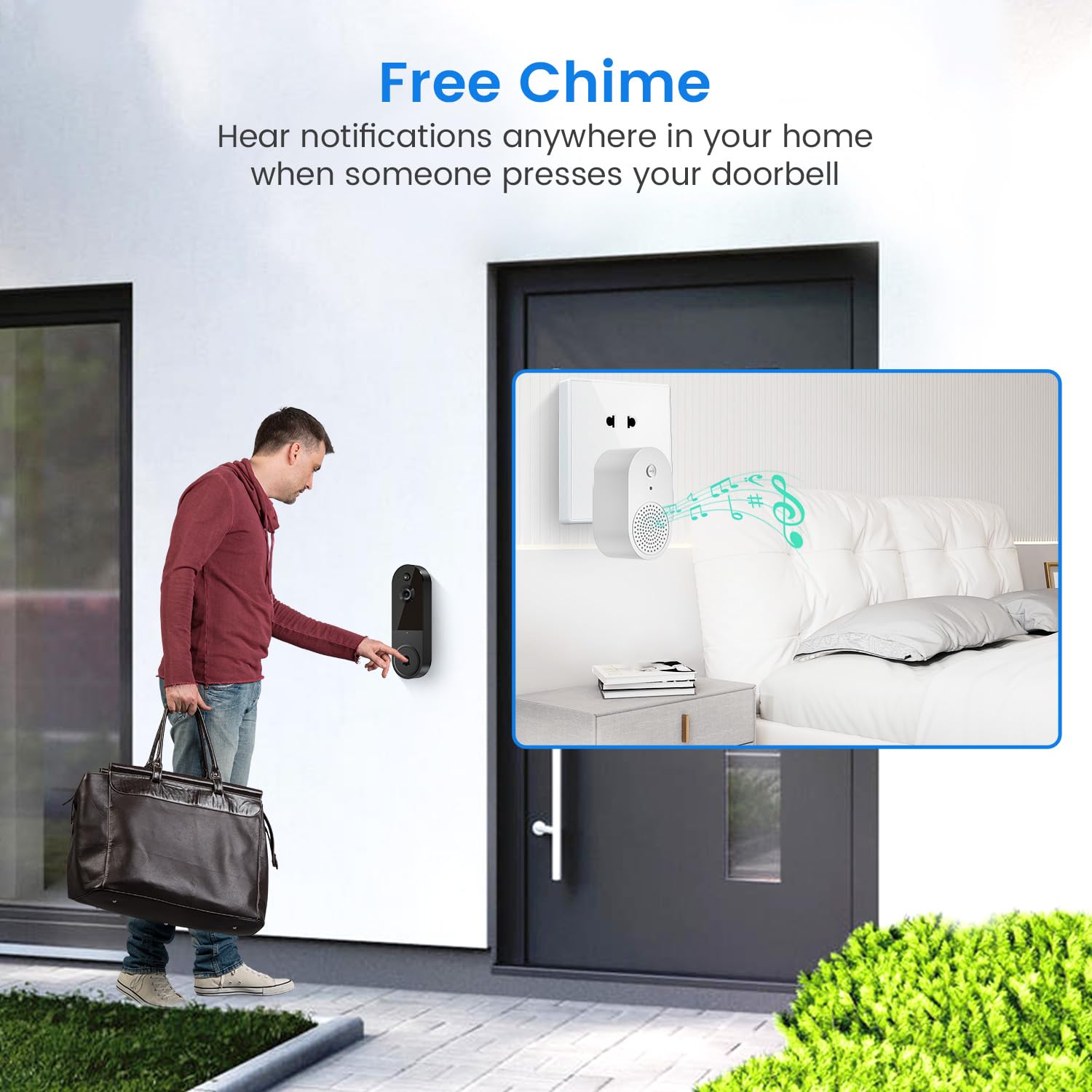 Sunnyjane Wireless 1080P Video Doorbell Camera, Ai Human Detection, Live View, 2 Way Audio Included Chime, Night Vision, 2.4G Wi