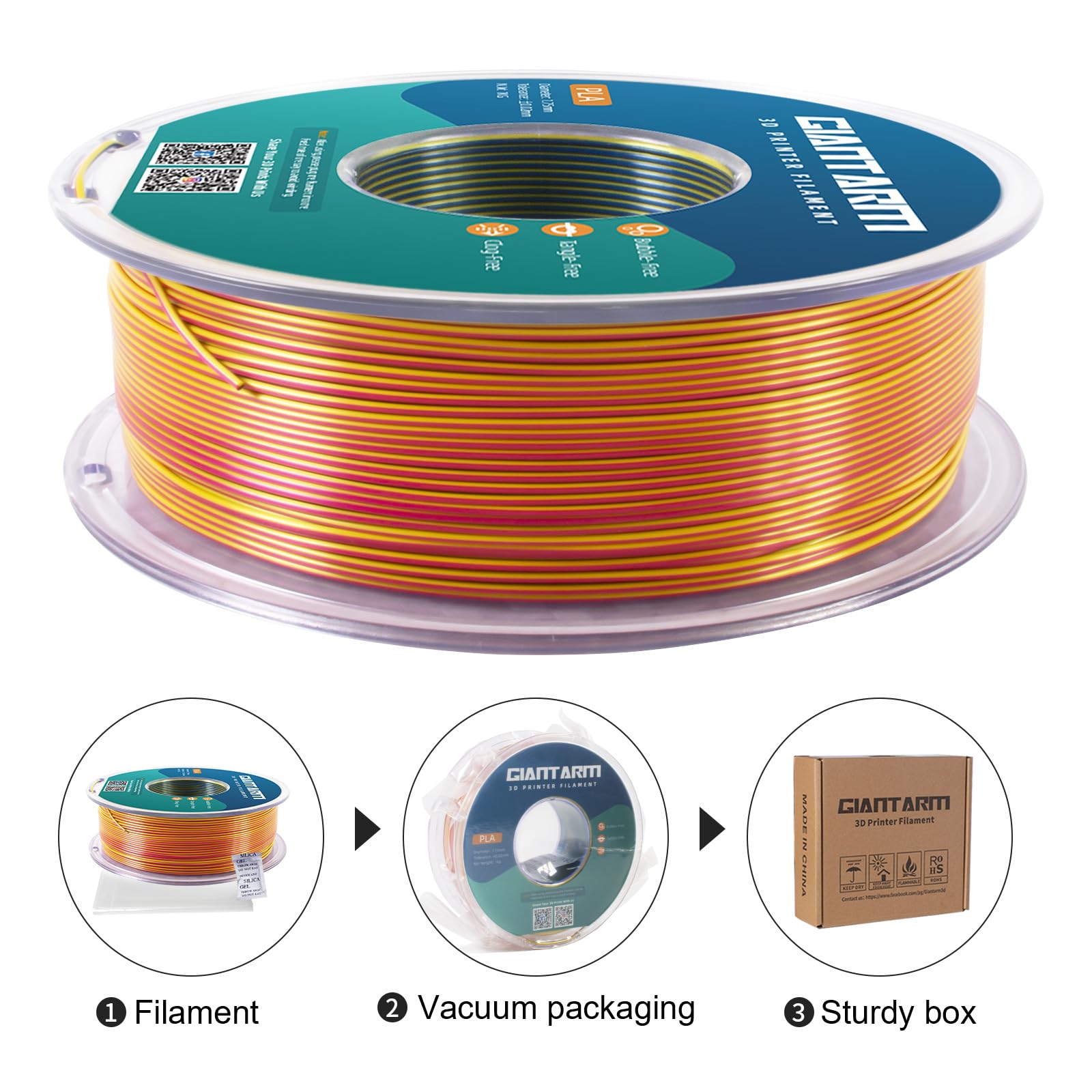 Giantarm Tri Colors Silk Pla Filament, 3D Printer Filament 1.75Mm +/ 0.02Mm, 1Kg (2.2Lbs) Spool, Vacuum Packaging (Red+Yellow+Bl