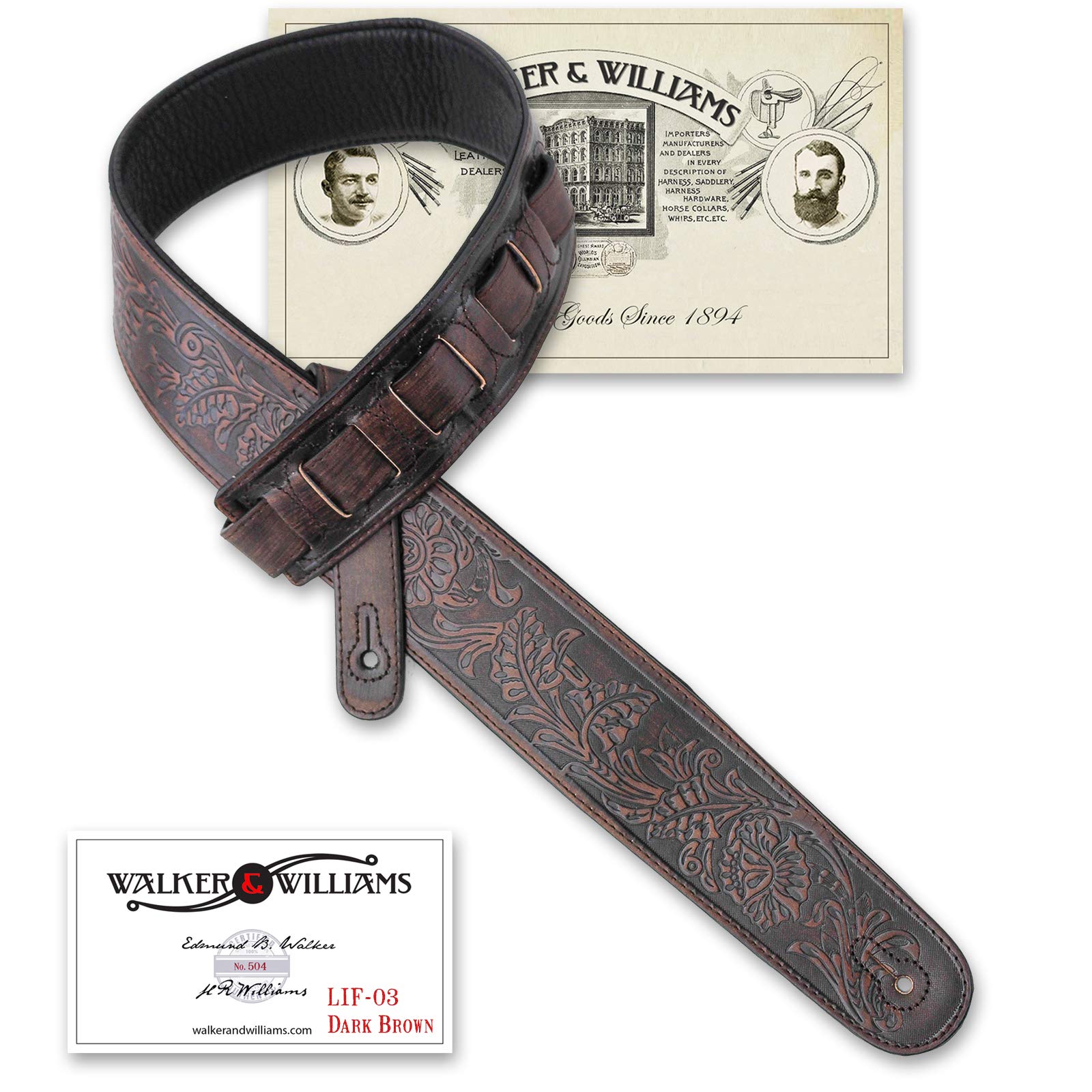 Walker & Williams LIF03 eathered Dark Brown Padded Guitar Strap with Live Oak Tooling