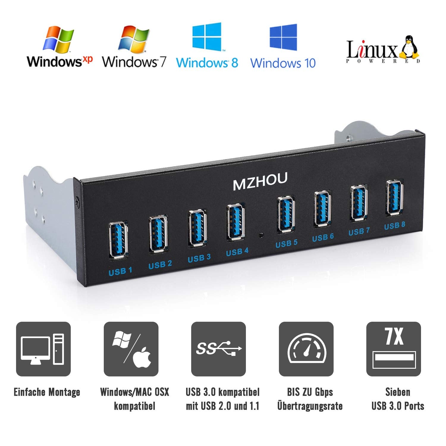 Mzhou Front Panel Usb 3.0 Hub 8 Port,19 Pin To 8 Port Usb 3.0 Hub For Pc, Usb Flash Drives, Transfer Speed Up To 5 Gbps, Fits Any 5.25� Computer Case Front Bay