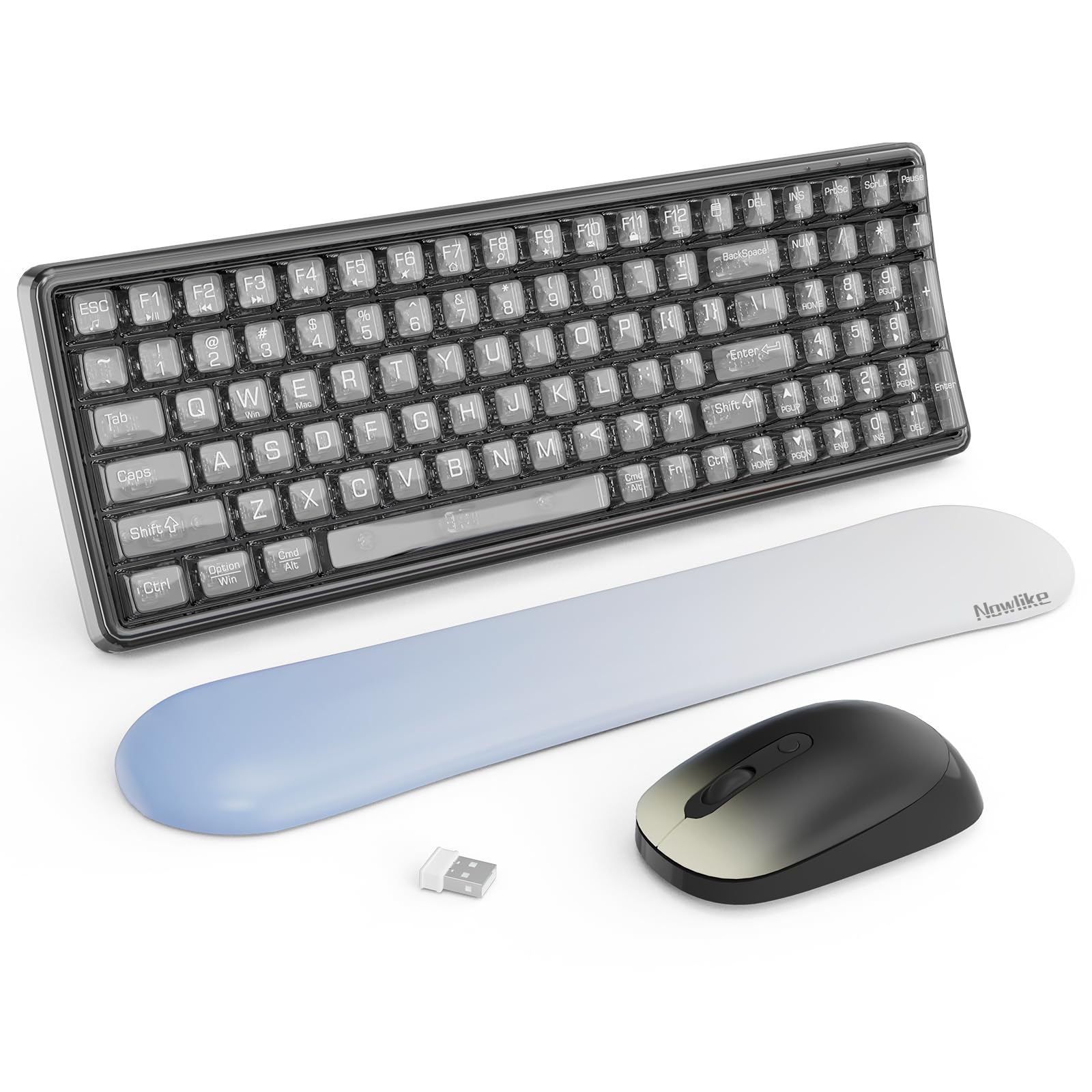 Wireless Transparent Keyboard And Mouse Combo With Soft Wrist Rest, Nowlike Ergonomic Full Size With Clear Keycaps, Compatible W