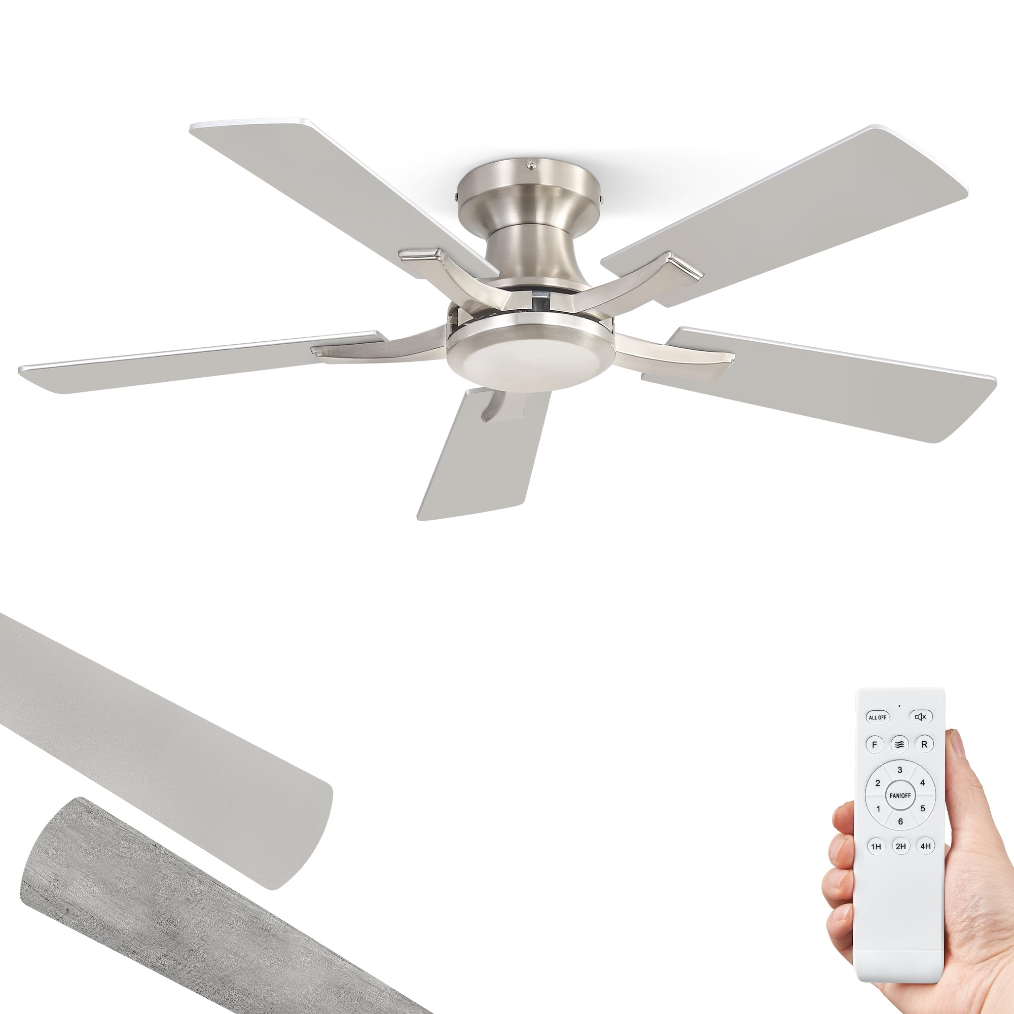 ZMISHIBO 42 Inch Ceiling Fan No Light, Flush Mount Low Profile, Modern Nickel Ceiling Fan Without Light, Remote Control & Quiet 