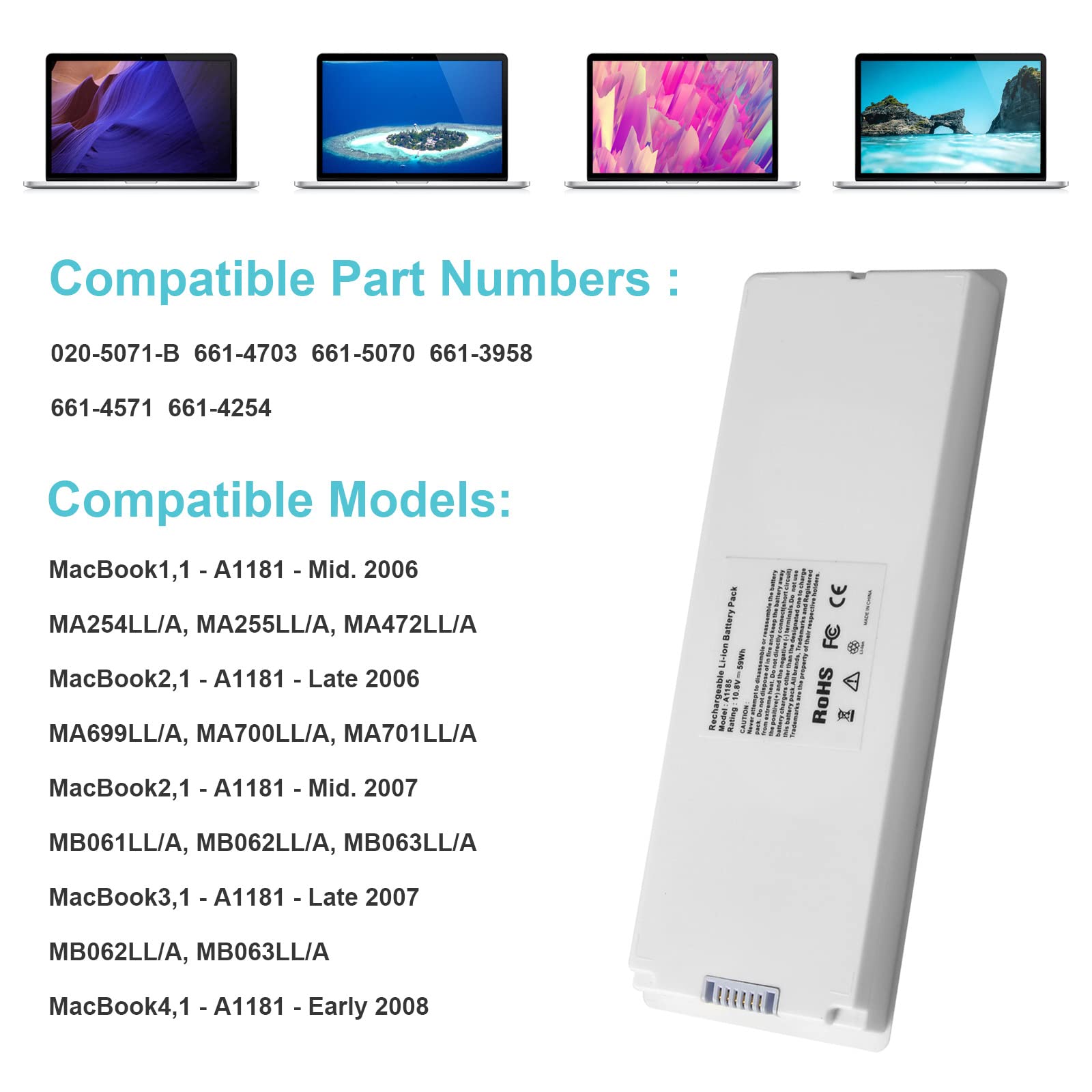 Aryee 59Wh 10.8V A1185 Laptop Battery Replacement For Apple Macbook 13 A1181 Ma561 Ma254 Ma255 Mb402 Mb061 Mb062 (Mid/Late 2006,