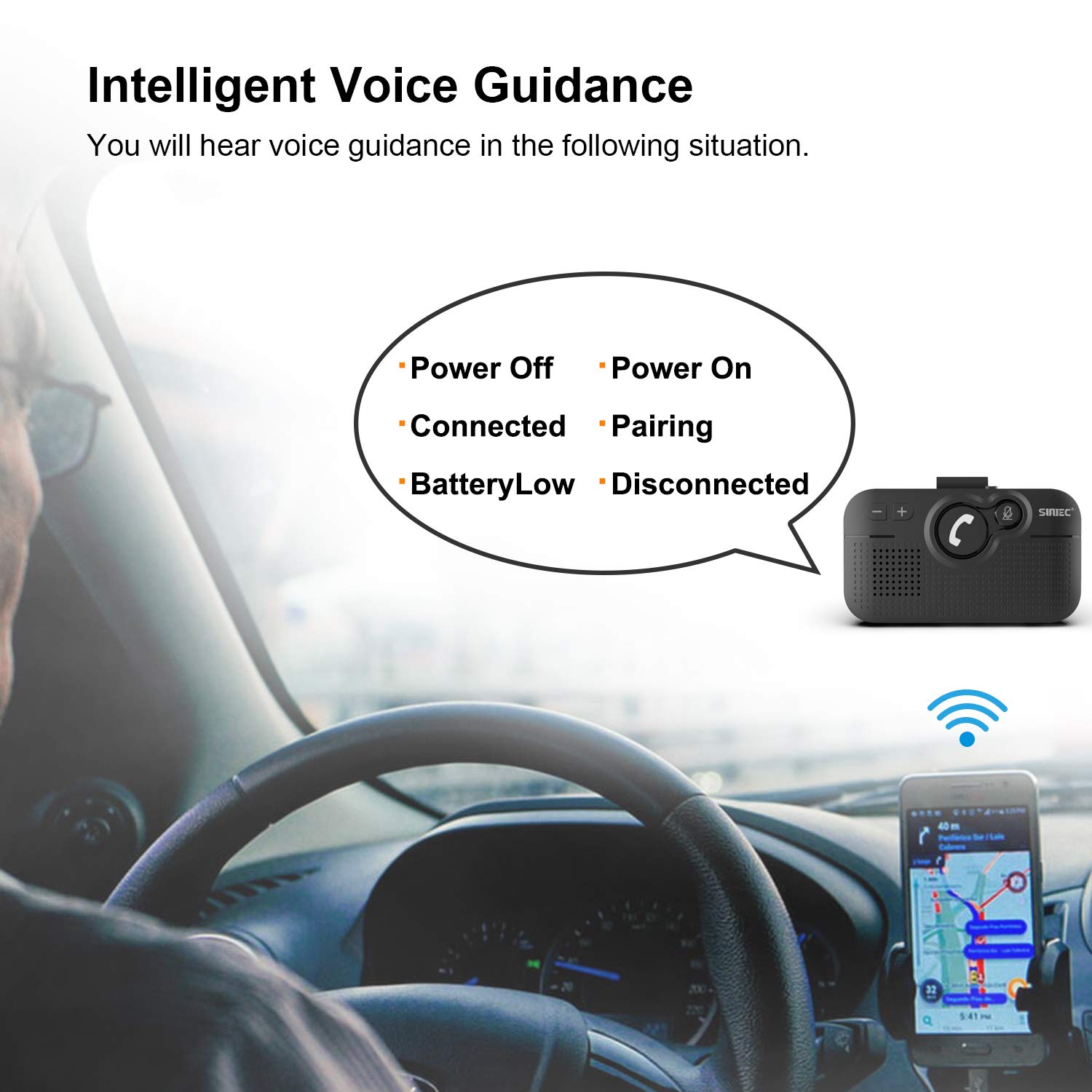 Sunitec Handsfree Bluetooth Car Kit For Cell Phone, Wireless Bluetooth Speaker For Car, Auto Power On Support Siri Google Voice