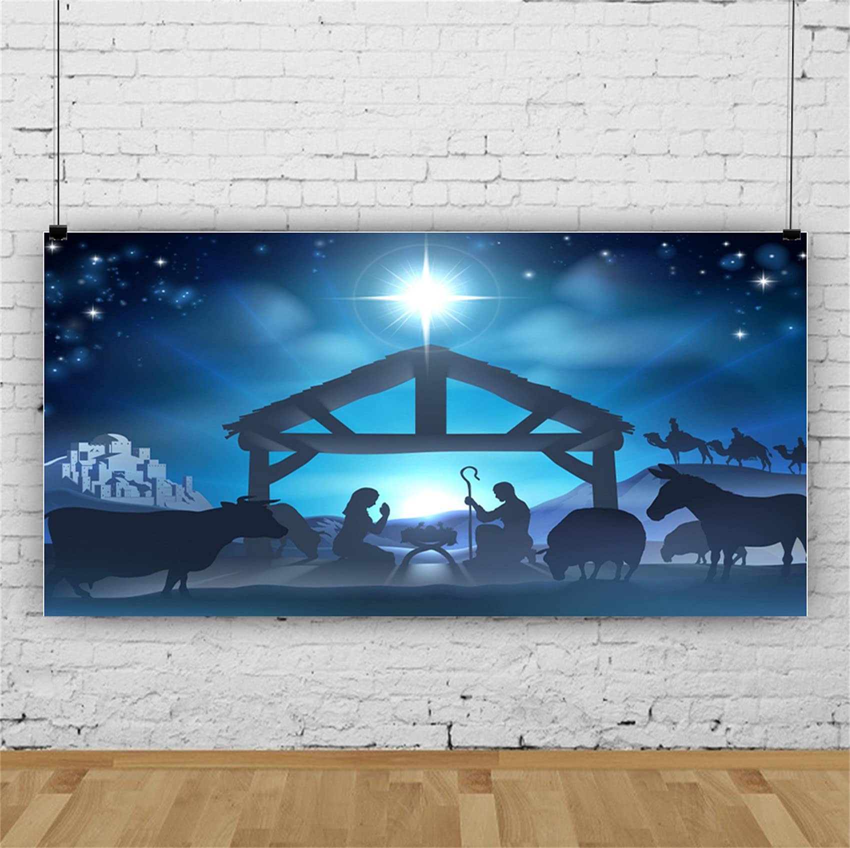 Lfeey 20X10Ft Birth Of Jesus Backdrop Christmas Night Manger Nativity Scene Silhouette Background Farm Barn Stable Christianity