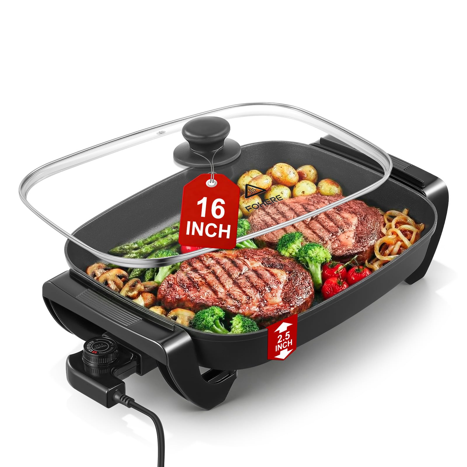 FOHERE 16Inch Electric Skillet with Glass Cover, 1500W Rapid Heat