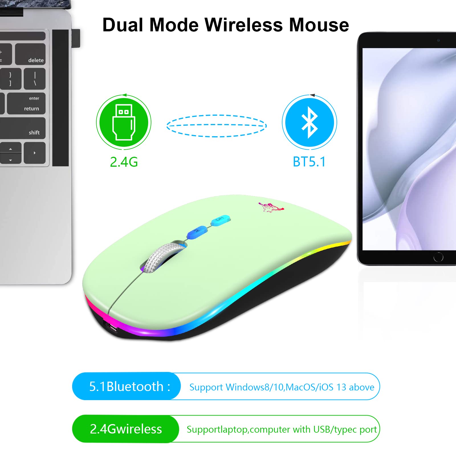Hotlife Wireless Mouse Led Slim Rechargeable Bluetooth Mouse, Ergonomic Design Noiseless Mouse Portable Optical Mouse Silent Cli