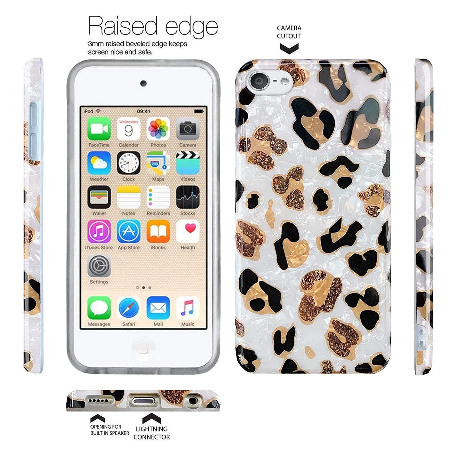 J.West Ipod Touch 7Th Generation Case, Ipod Case 6Th Gen Ipod Touch 5 Case, Sparkle Translucent Clear Glitter White Leopard Prin