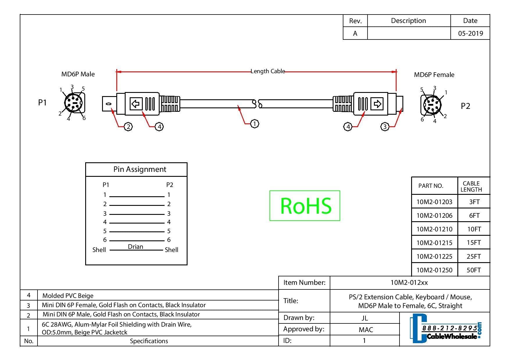 Cablewholesale Mini Din6 Ps/2 Extension Cable, Keyboard/Mouse, Ps/2 Male To Ps/2 Female, Minidin6 Male To Minidin6 Female, 6 Con
