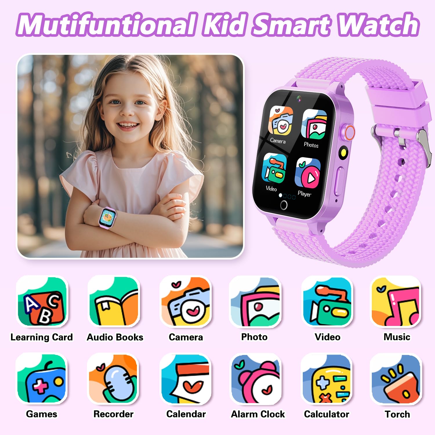 Smart Watch For Kids Girl Gift Ages 3-12, 2 Screen Protector, 26 Puzzle Games, Hd Camera Video Music Player Touchscreen Pedomete